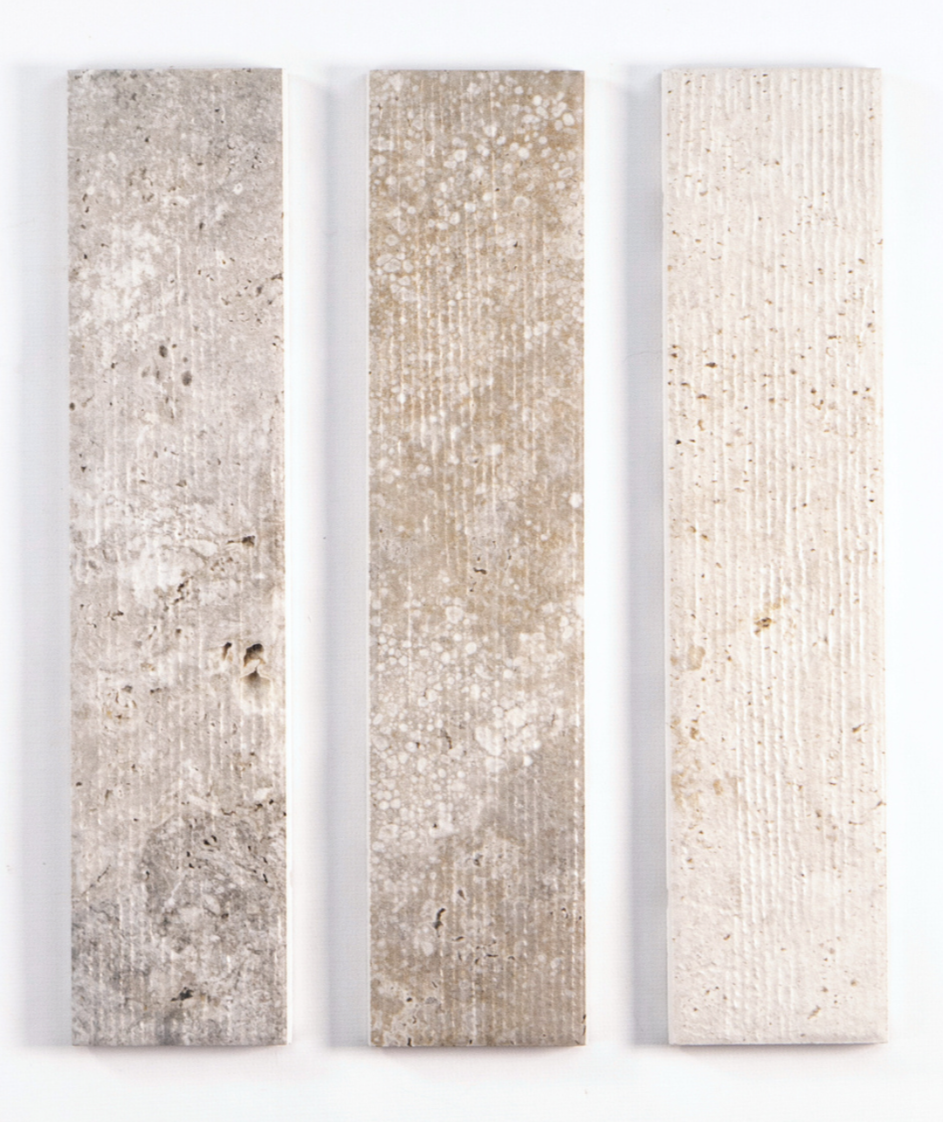 Calco –  industrial brick-look textures and dimensional striations available in three neutrals for walls, for inside and outside application.