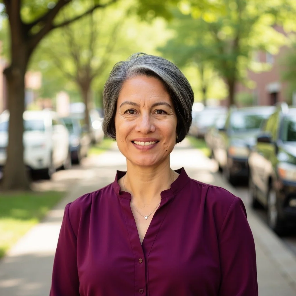 A woman with short gray hair smiling outdoors on a sunny day, with trees and parked cars on a residential street in the background.