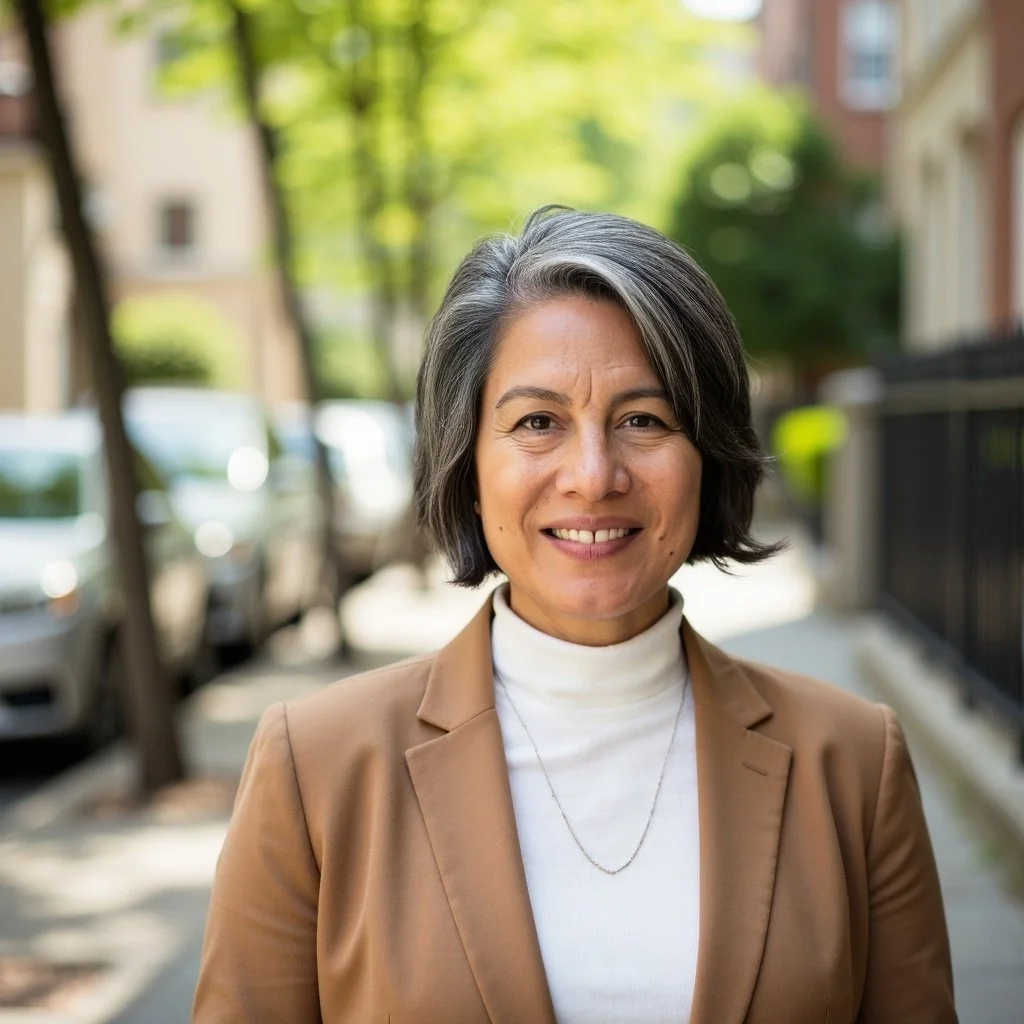 A middle-aged woman with short gray hair smiling outdoors on a sunny day, wearing a tan blazer and white turtleneck, with blurred trees and buildings in the background.