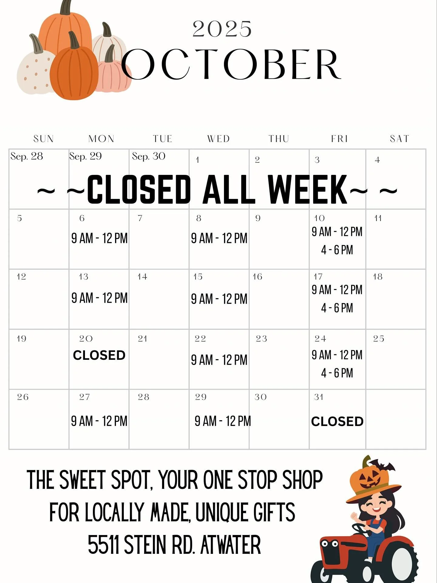 🎃🍁 October Hours at The Sweet Spot 🍁🎃

We know you&rsquo;ve been waiting to stock up on jams, almond brittle, handmade gifts, Sweet AF treats &amp; all the cozy fall vibes&hellip; so here&rsquo;s when you can catch us this month!

👉 September 28