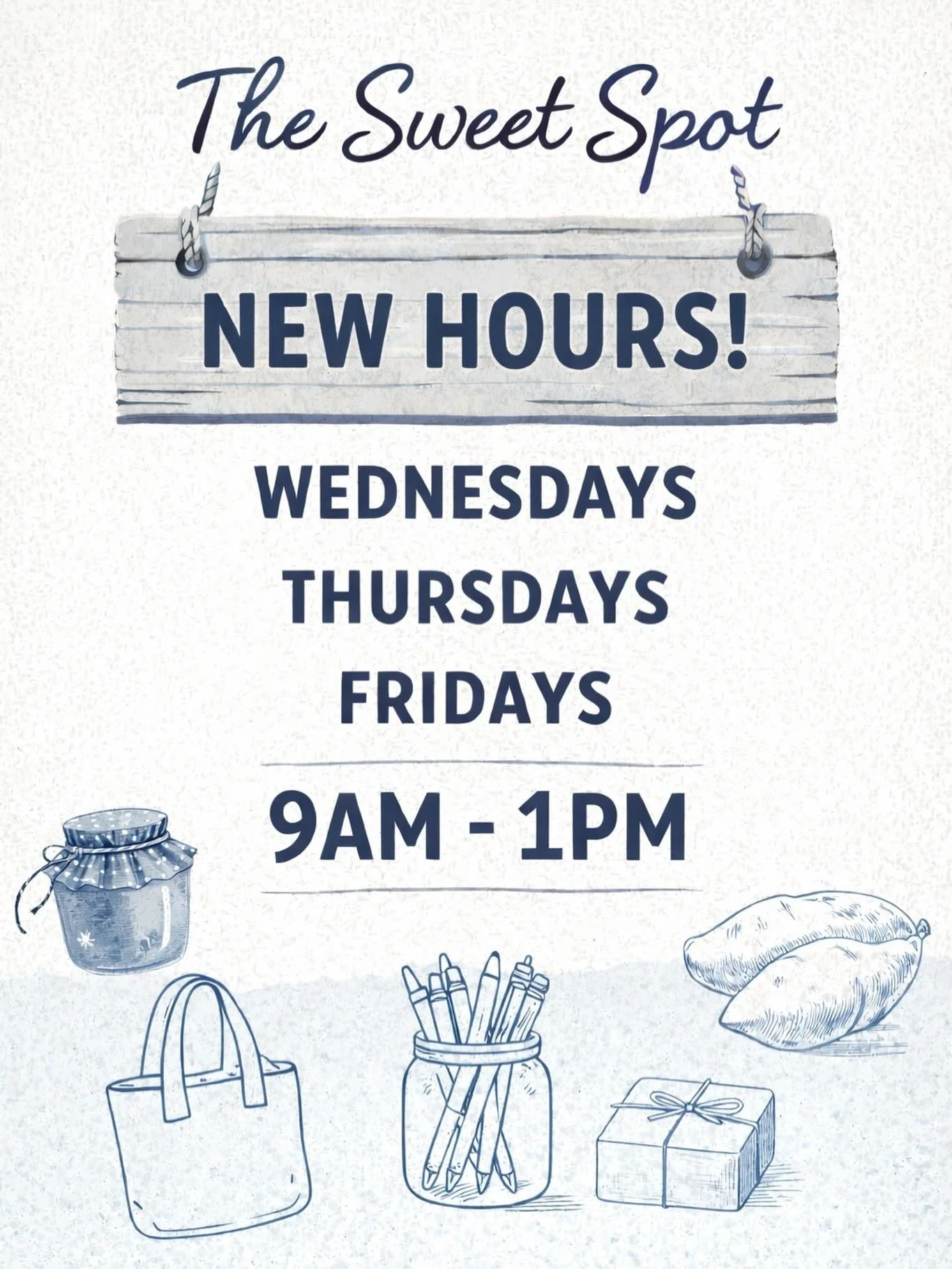 💙 YOU SPOKE. WE LISTENED.

Huge THANK YOU to our amazing customers for the feedback and input &mdash; because of you, The Sweet Spot&rsquo;s new business days are officially set! 🙌

🗓️ Wednesdays, Thursdays &amp; Fridays
⏰ 9AM&ndash;1PM

Same loca