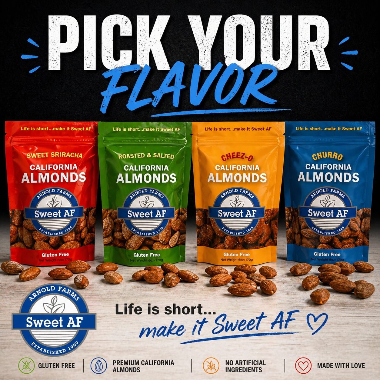 Alright&hellip; be honest!  Which one are you grabbing first?

❤️ Sweet Sriracha 
💚 Roasted &amp; Salted 
💛 Cheez-O 
💙 Churro 

Don&rsquo;t think&hellip; just answer! 
You can also always order your favorites anytime on our website 😉 

#SweetAF #