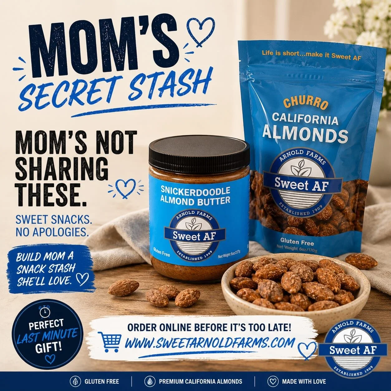 Still need a Mother&rsquo;s Day gift? 👀 

Skip the grocery store flowers and give Mom something she&rsquo;ll actually enjoy 💙 

✨ Flavored almonds 
✨ Snickerdoodle almond butter 
✨ Gift boxes ready to go 

Perfect for the snack-loving moms, almond 