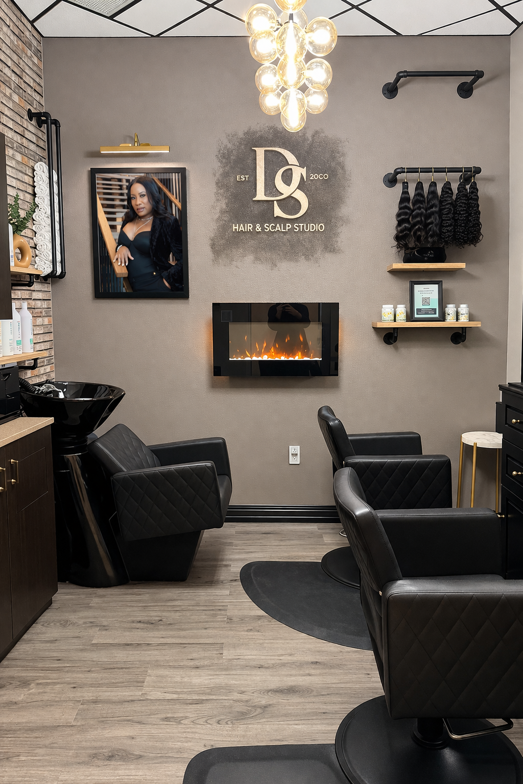 Interior view of a modern hair and scalp studio with black chairs, a wall-mounted electric fireplace, shelves with hair products and hair extensions, a framed photograph of a woman, and a decorative lighting fixture.