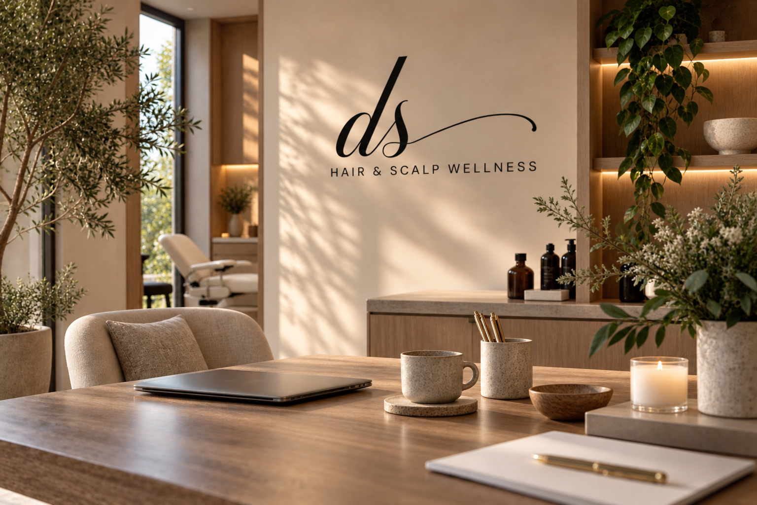 A cozy, modern wellness spa reception area with natural light, potted plants, and wooden decor. The wall displays a logo reading 'ds Hair & Scalp Wellness'. The wooden table holds a laptop, cup, pens, bowl, candle, and decorative items.