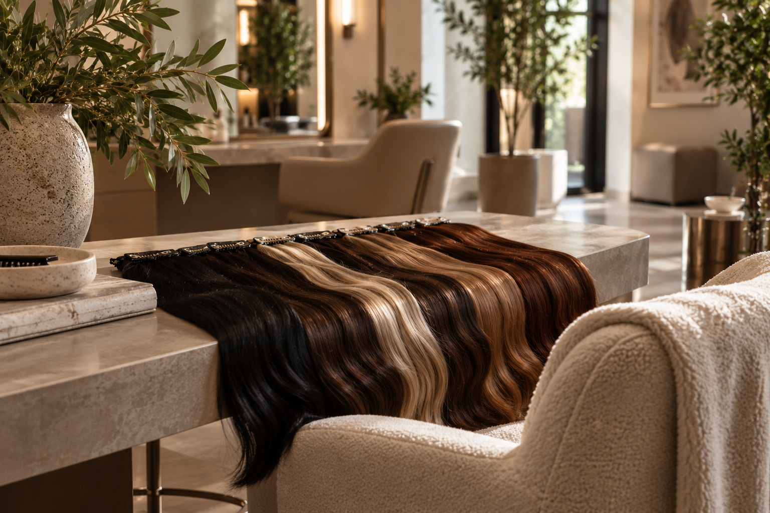 Variety of hair color swatches laid out on a table in a well-lit, modern room with plants and elegant furniture.