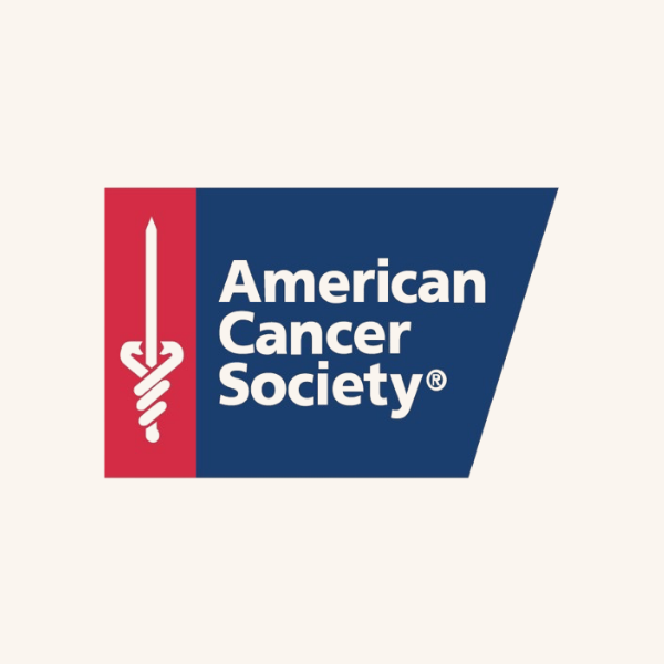 American Cancer Society logo with a red vertical bar featuring a white serpent and sword symbol, next to blue geometric shape with white text 'American Cancer Society'.