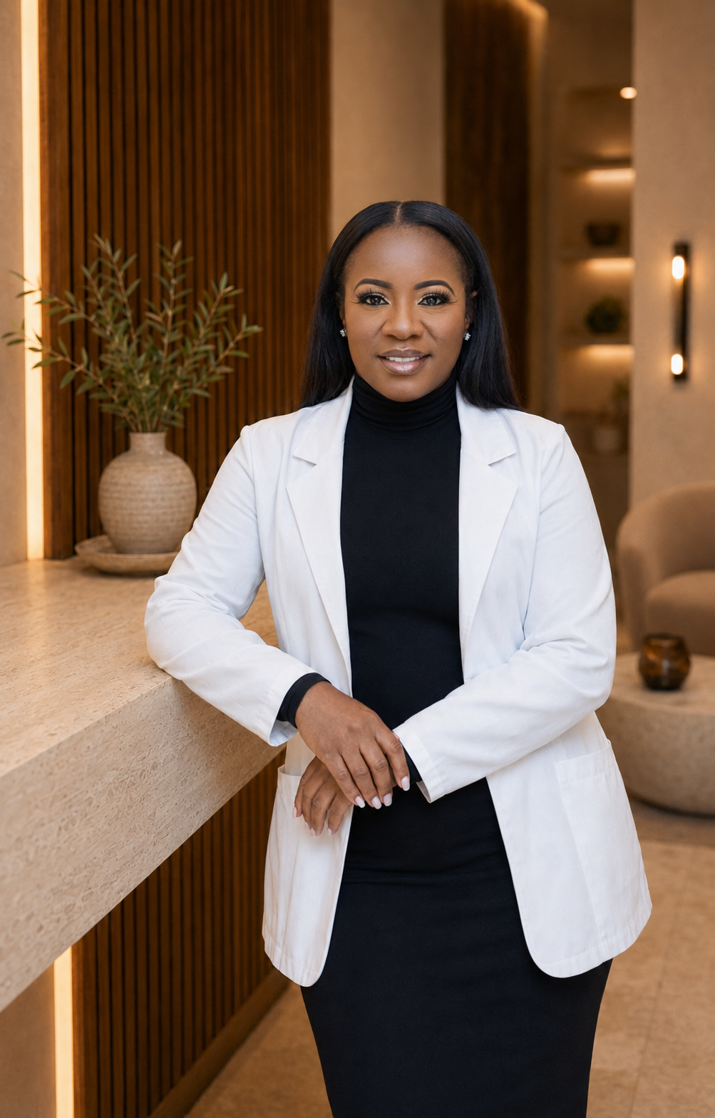 A woman in a white blazer and black turtleneck standing at a reception counter in a modern, warmly-lit interior, with decorative plant and seating area in the background.