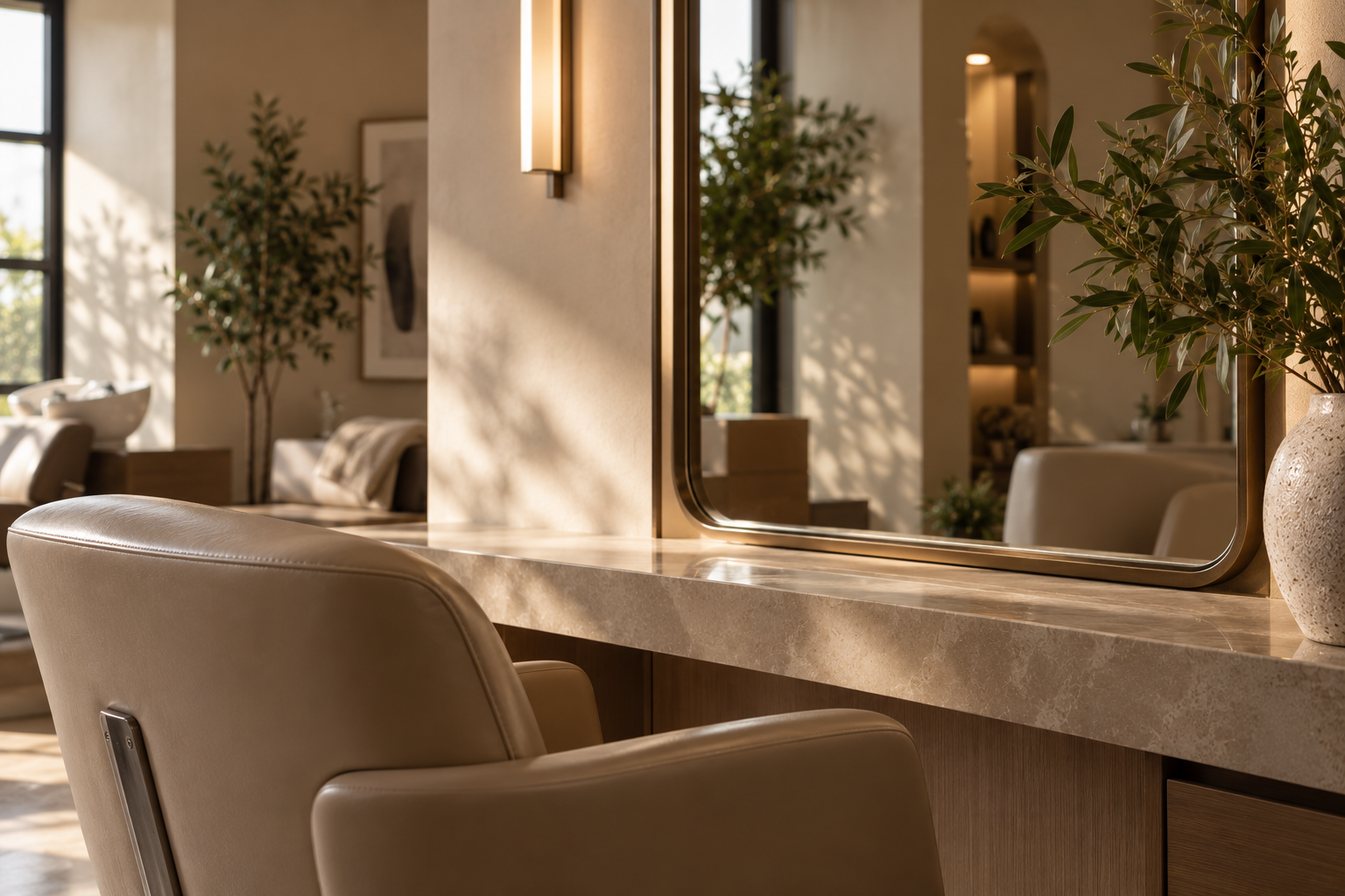 A beige leather salon chair in front of a marble countertop with a large mirror, potted plant, and warm lighting in a salon or hair studio.