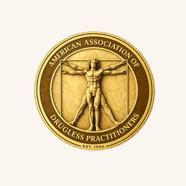 Gold circular medal with the Vitruvian Man and text 'American Association of Drugless Practitioners Est. 1990'
