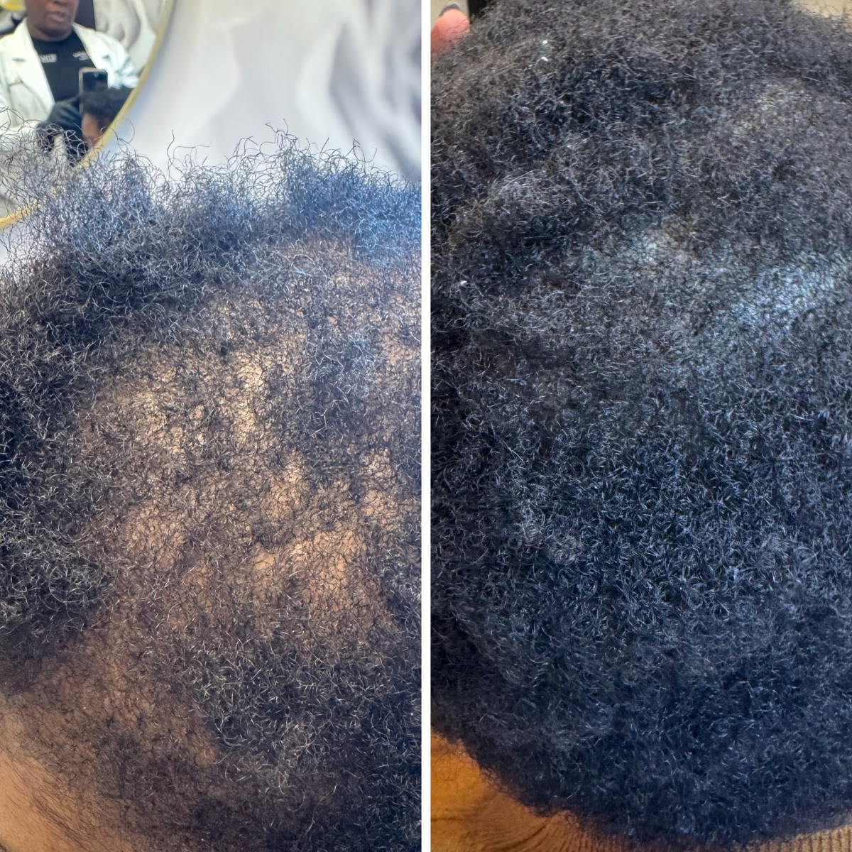 Close-up of black, curly, and gray hair transformation before and after styling.