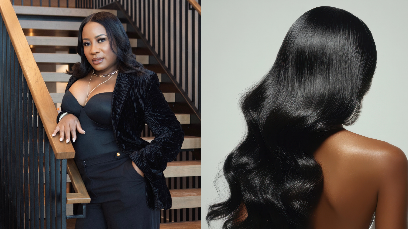A woman with medium skin tone wearing a black outfit and velvet blazer, standing on a staircase with wooden steps, looking at the camera. Next to her, a close-up of shiny, wavy, black hair with a smooth, glossy finish.
