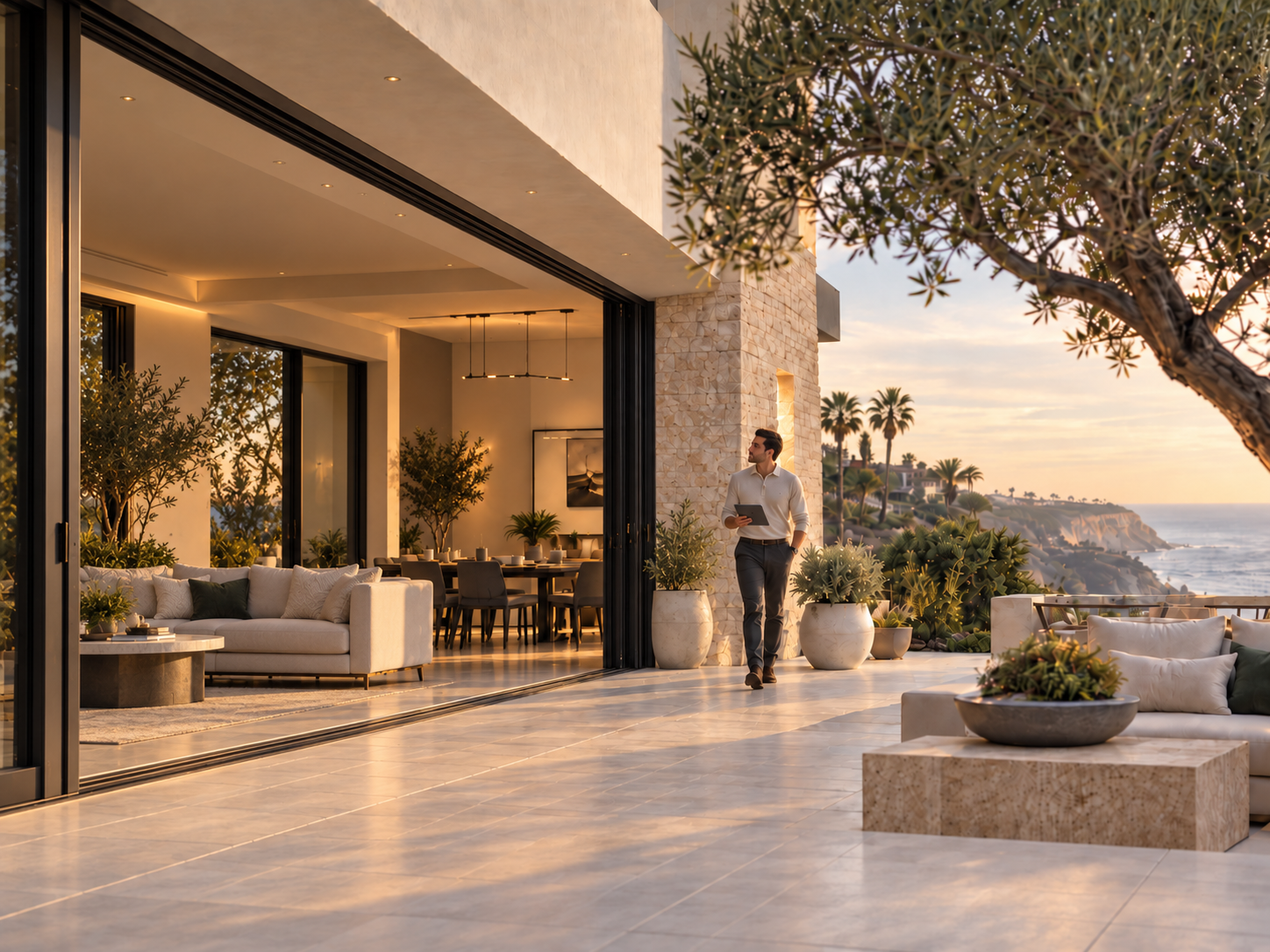 Pristine Home property manager walking a coastal San Diego residence at sunset.