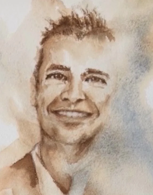 A watercolor painting of a young man with short, spiked hair.