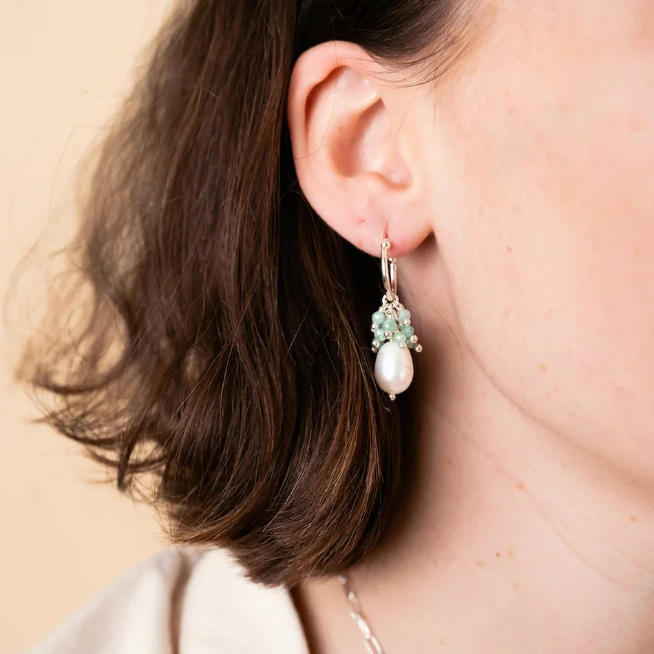 Pearl with Gem Cluster Silver hoop Model.webp
