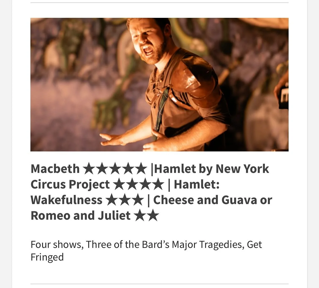 Thank you @therecsuk for this ⭐️⭐️⭐️⭐️⭐️ review of Macbeth! We&rsquo;re so honoured! 

Link in comments