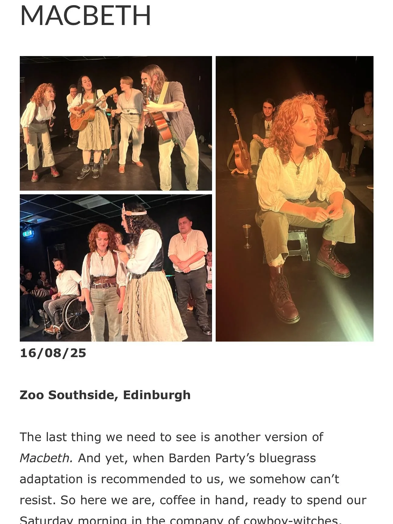Thank you Bouquets and Brickbats for our 4.8 star review of Macbeth! So close to that 5 ☺️. 

Only 4 more chances to see us at @zoovenues