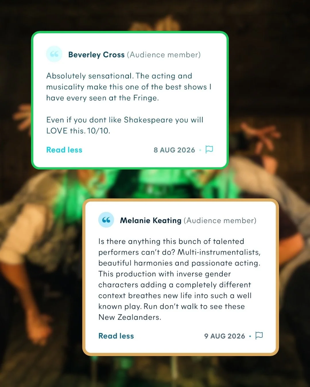 A few words from the brilliant audiences who&rsquo;ve joined us for &lsquo;Macbeth: Blood &amp; Bluegrass&rsquo; at the 2026 @edfringe so far. Swipe through for just a handful of the epic reviews! 🗡️

From Shakespeare sceptics to Fringe regulars, we
