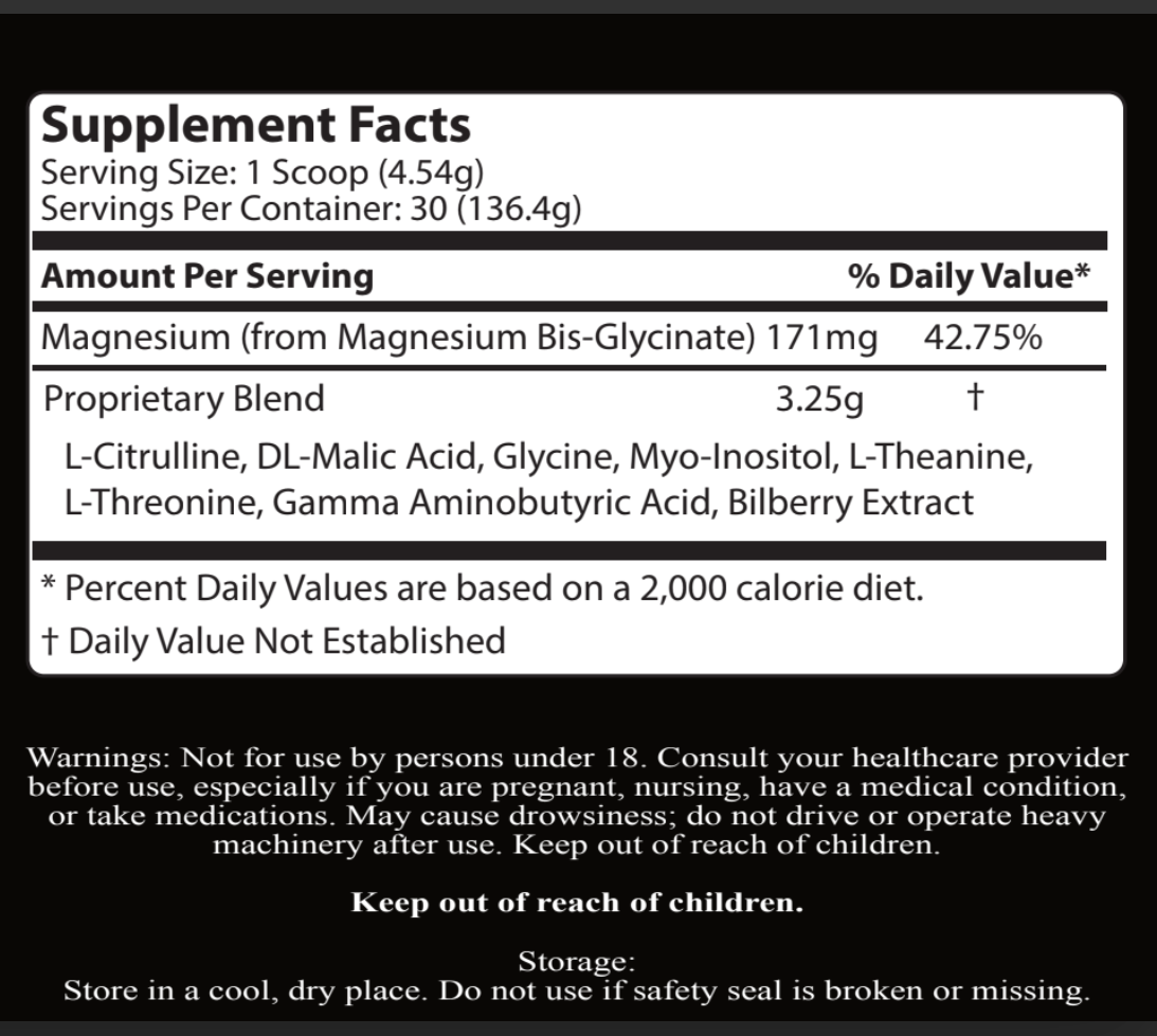 A dietary supplement label showing supplement facts, including magnesium content and proprietary blend ingredients, along with warnings and storage instructions.