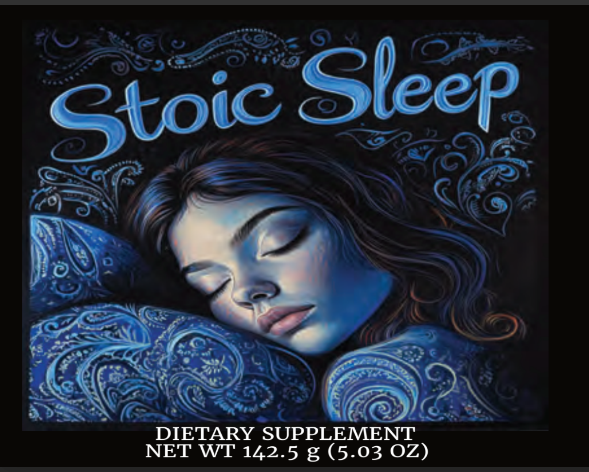A woman peacefully sleeping with her head resting on a pillow with intricate blue and white patterns, surrounded by swirling designs. The text reads 'Stoic Sleep' at the top and 'Dietary Supplement Net Wt 142.5 g (5.03 OZ)' at the bottom.