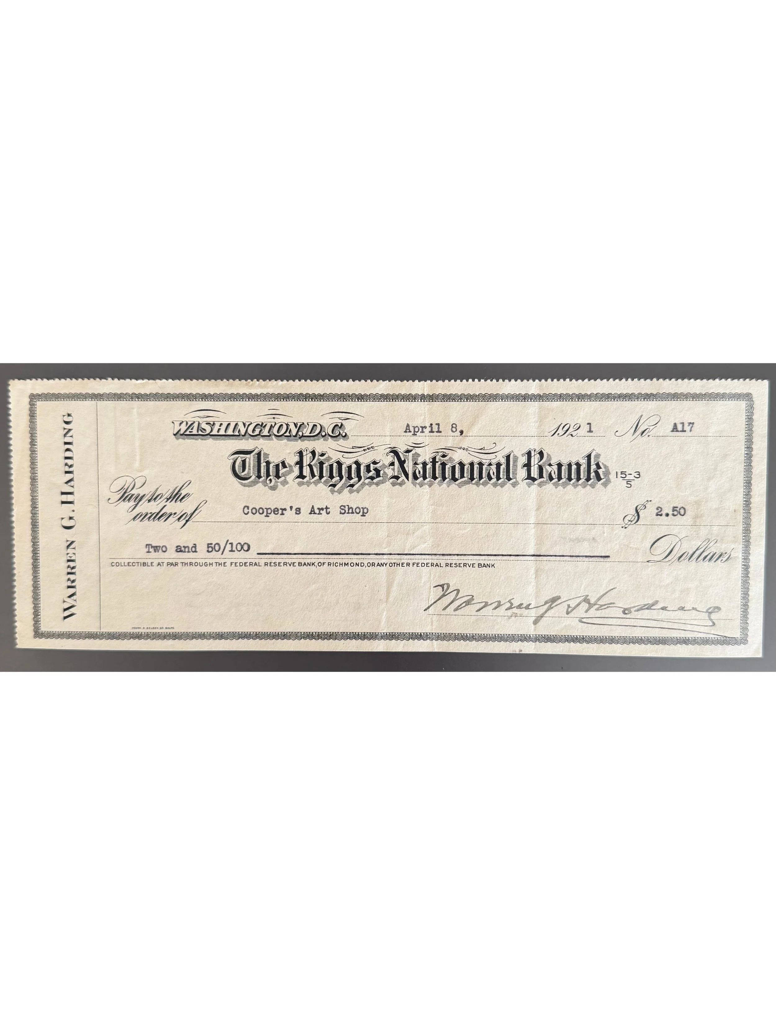 Warren G. Harding 1921 Bank Check Signed as President