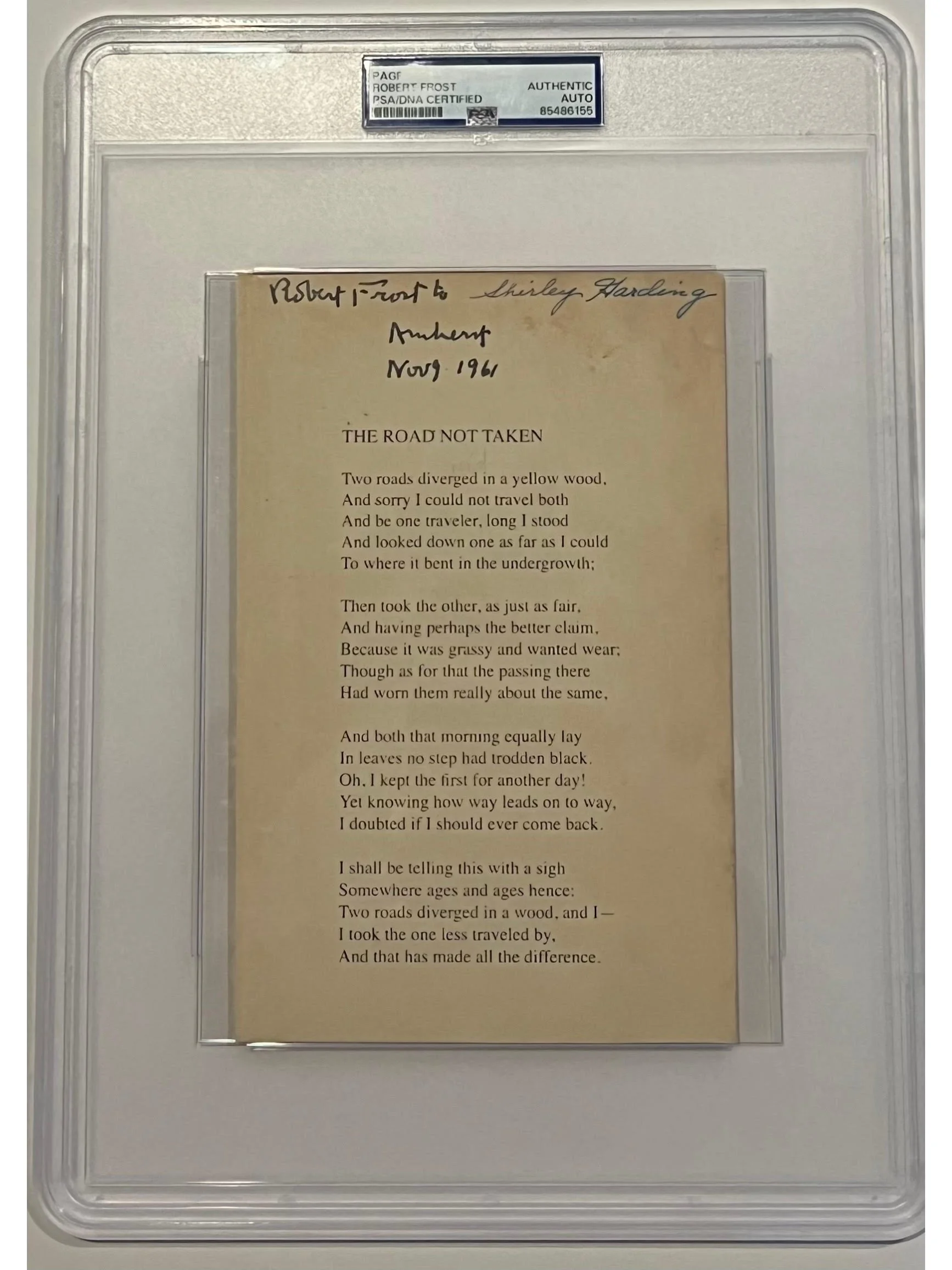Robert Frost Signed "The Road Not Taken" Printed Poem