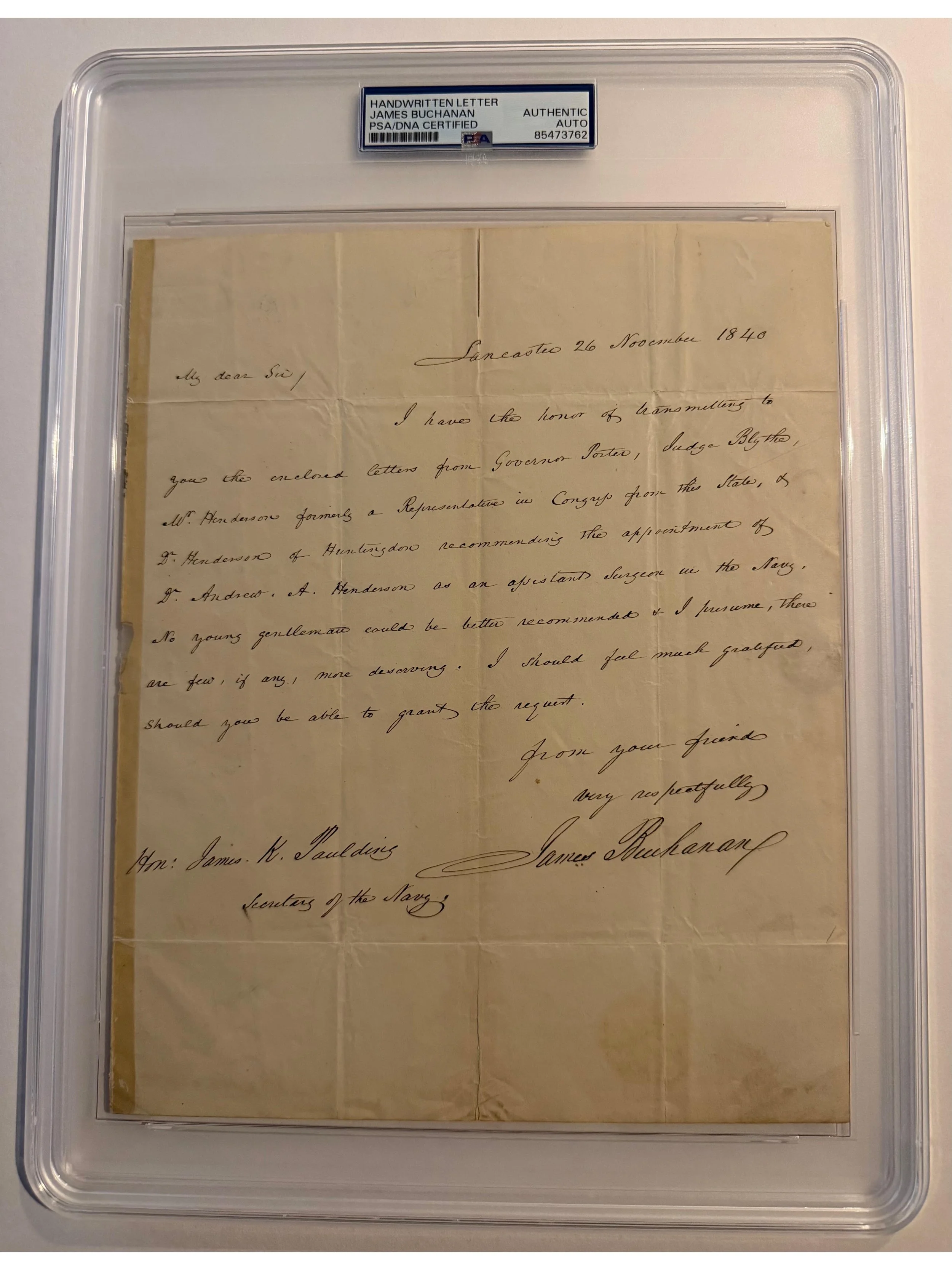 James Buchanan 1840 Autograph Letter Signed as US Senator - To The Secretary of the Navy