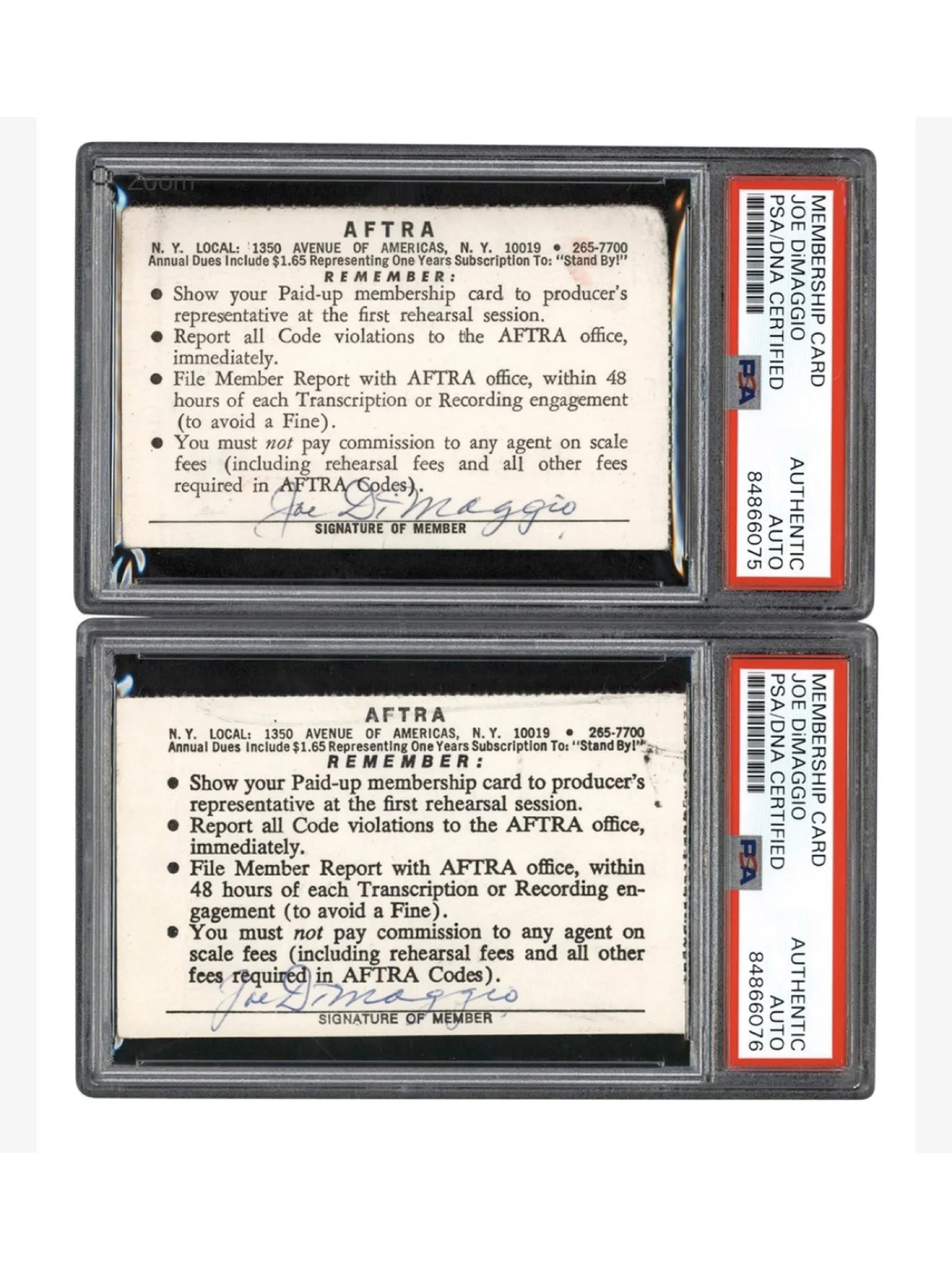 Joe DiMaggio Personally Owned & Signed AFTRA Cards - Group of 2 - PSA Slabbed