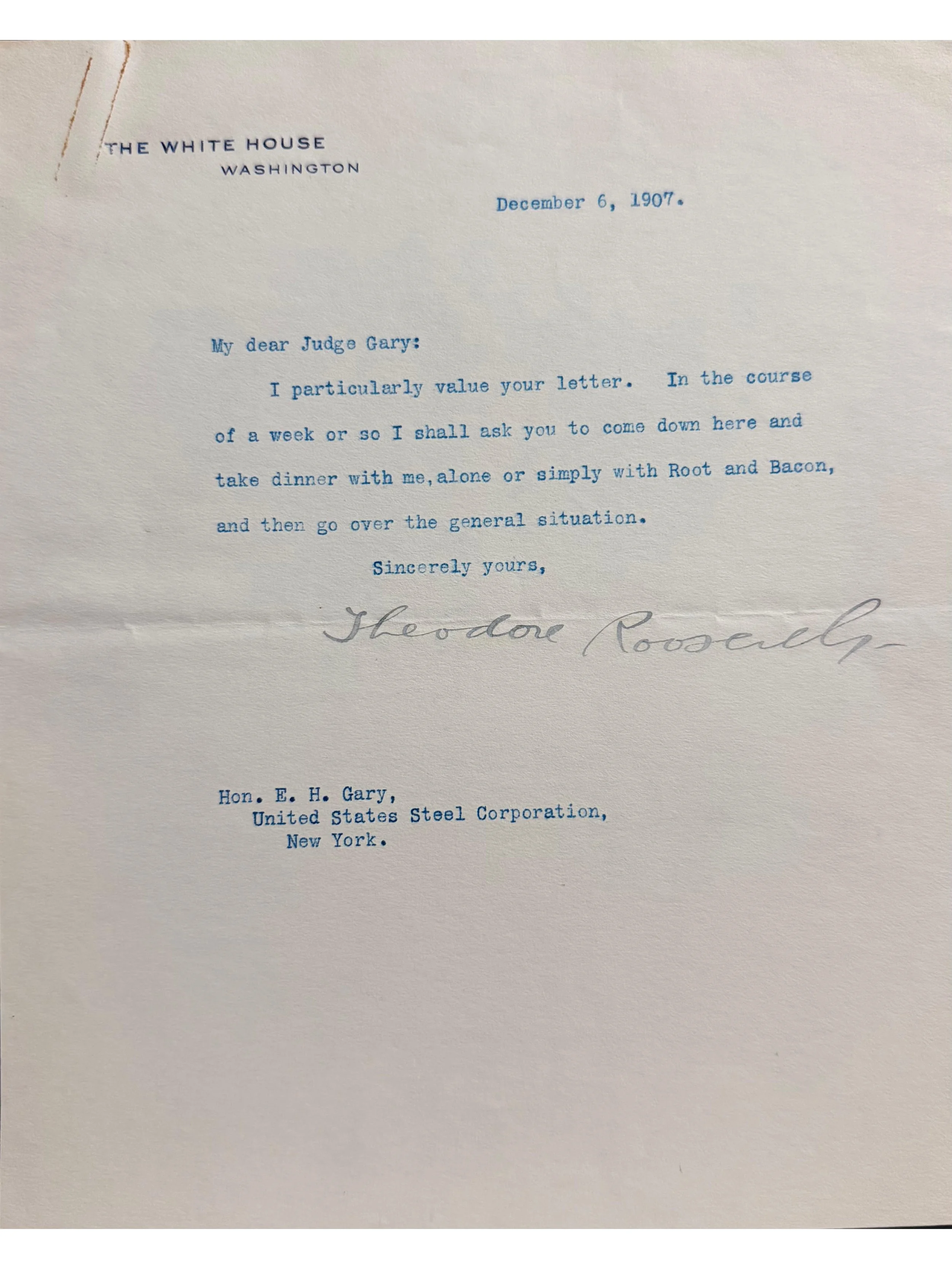 Theodore Roosevelt 1907 Typed Letter Signed as President - To The Head of United States Steel Corporation