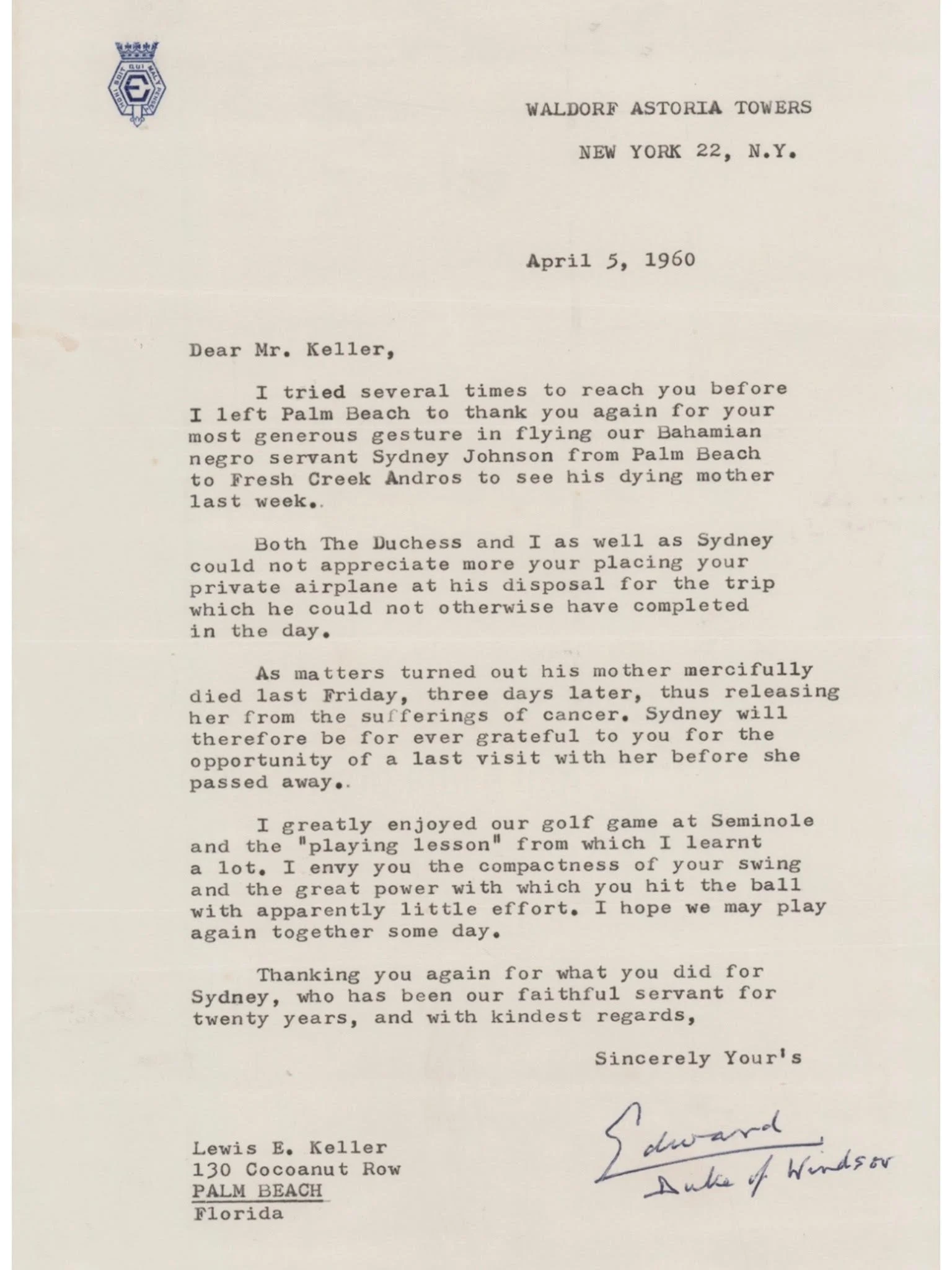 King Edward VIII 1960 Typed Letter Signed - "Our Bahamian Negro Servant"