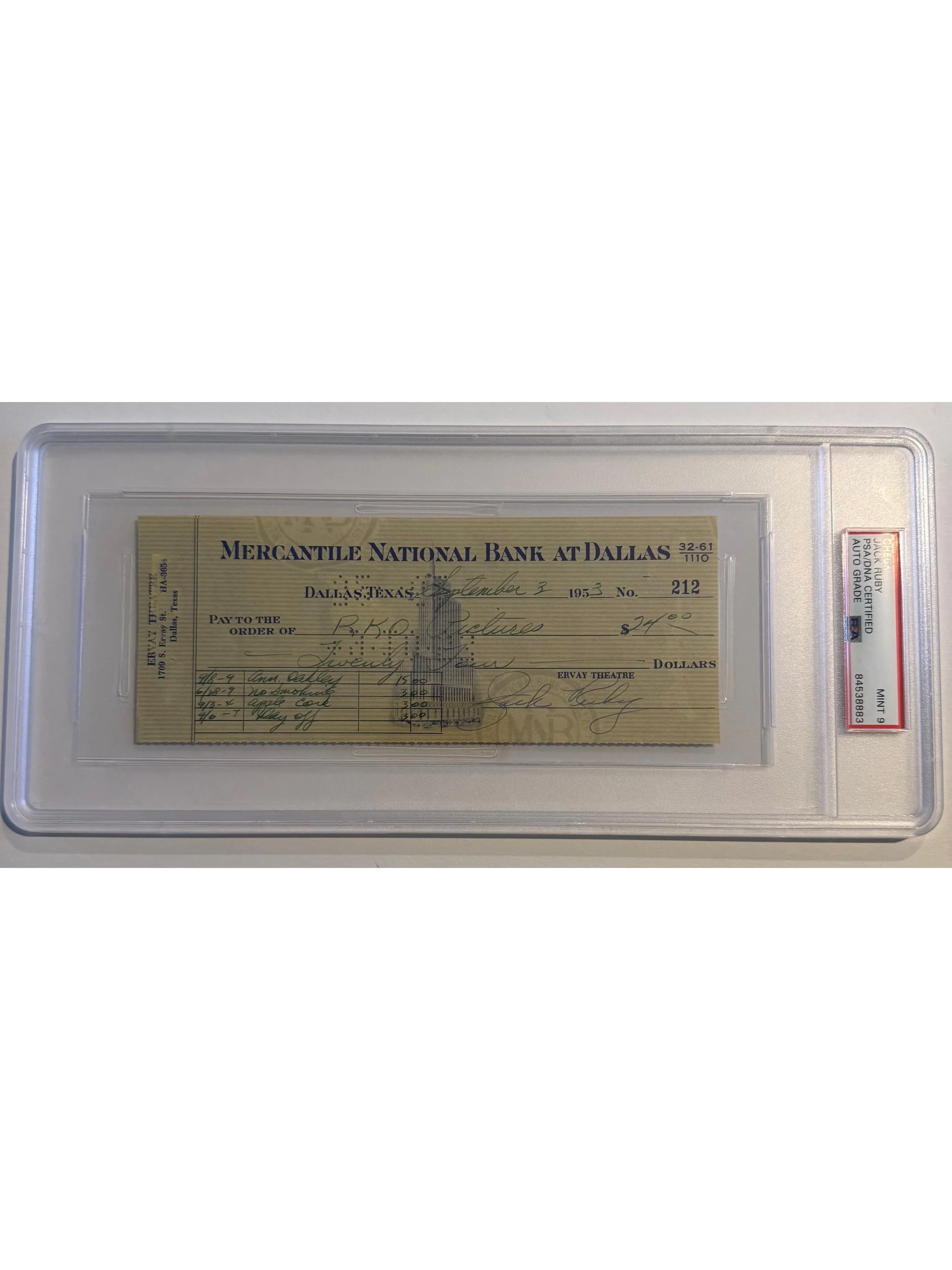 Jack Ruby 1953 Signed Bank Check - Payable To R.K.O Pictures - PSA Slabbed
