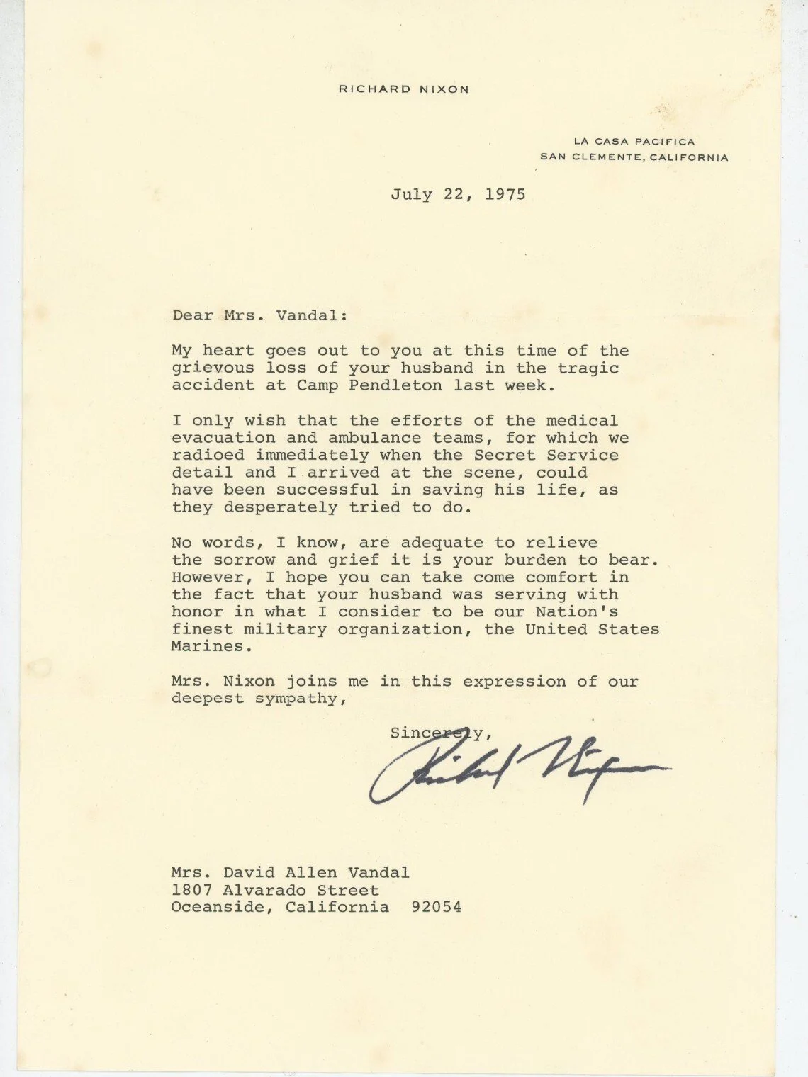 Richard Nixon 1975 Typed Letter Signed - To Widow of Marine He Tried To Help - WIth Marine's Medals
