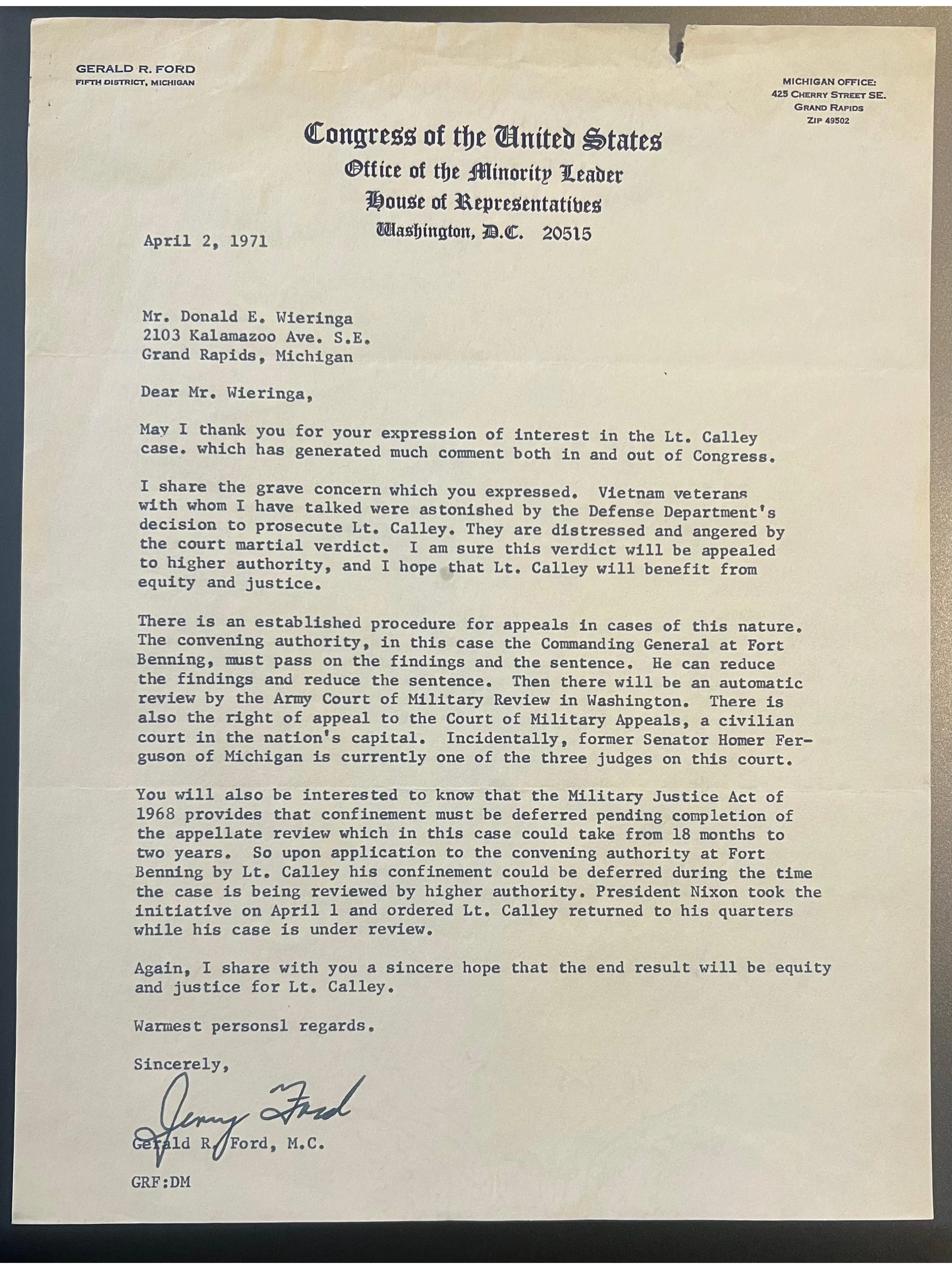 Gerald R. Ford 1971 Typed Letter Signed as Congressman - Incredible VIetnam Content