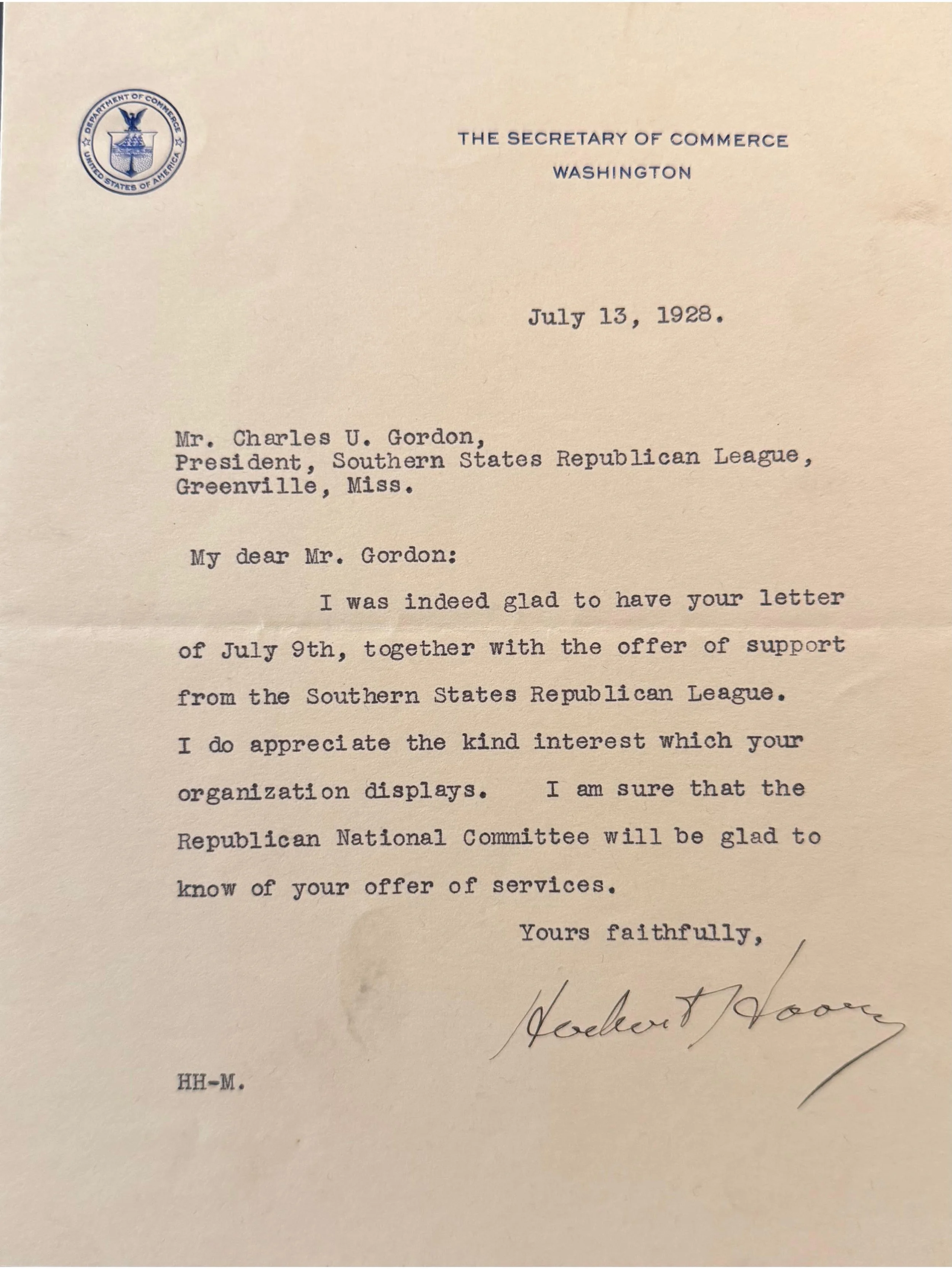 Herbert Hoover 1928 Typed Letter Signed as Secretary of Commerce and Presidential Nominee