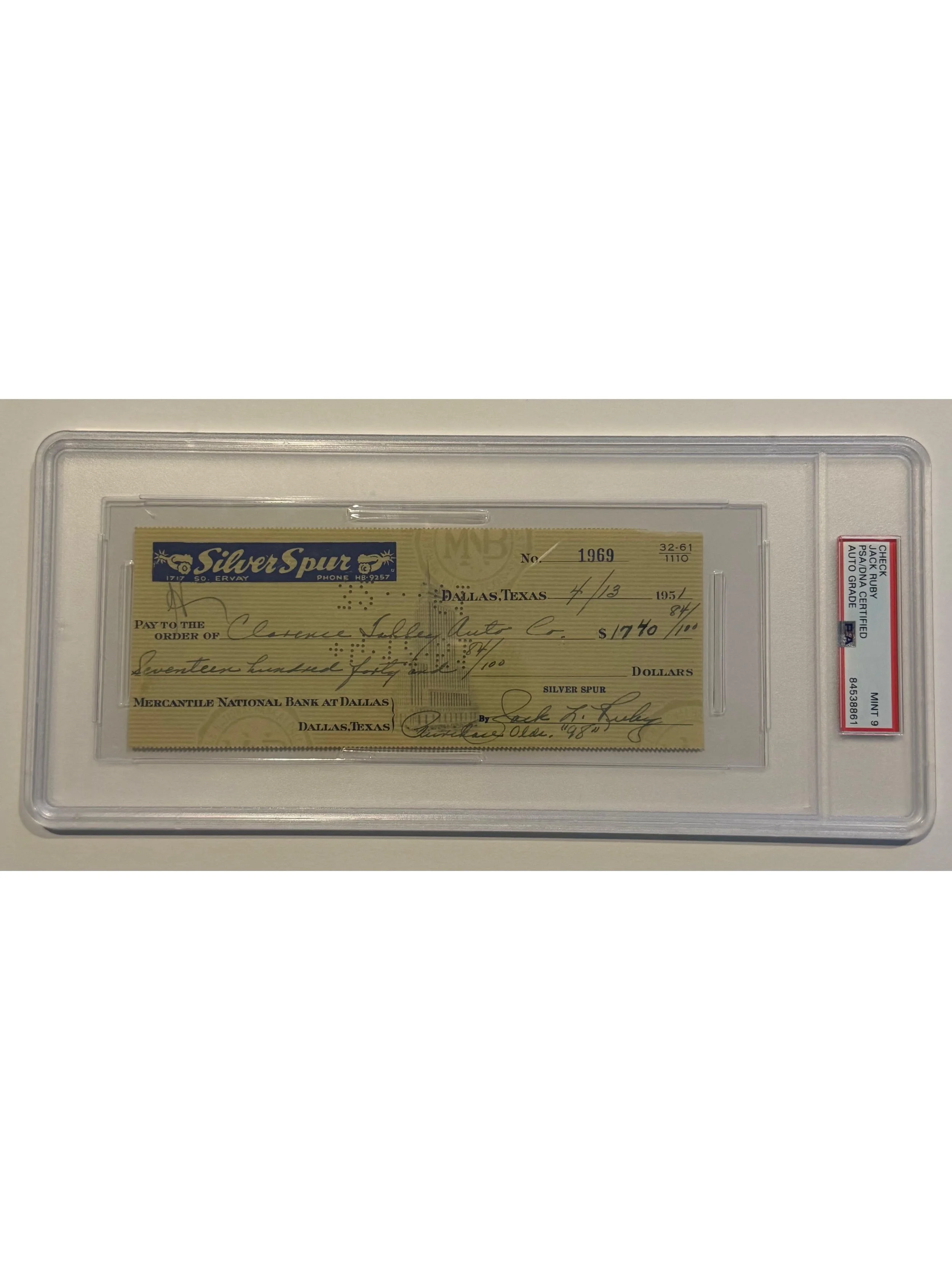 Jack Ruby 1951 Signed Bank Check - Silver Spur - Ruby Buys A Car