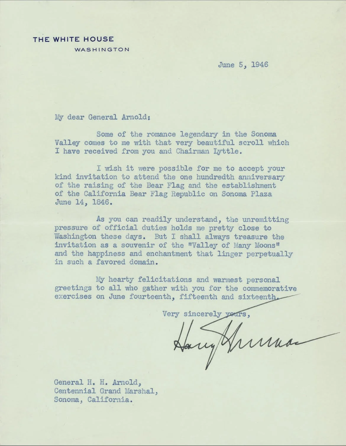Harry Truman 1946 Typed Letter Signed as President - To General Hap Arnold - PSA 9 Signature