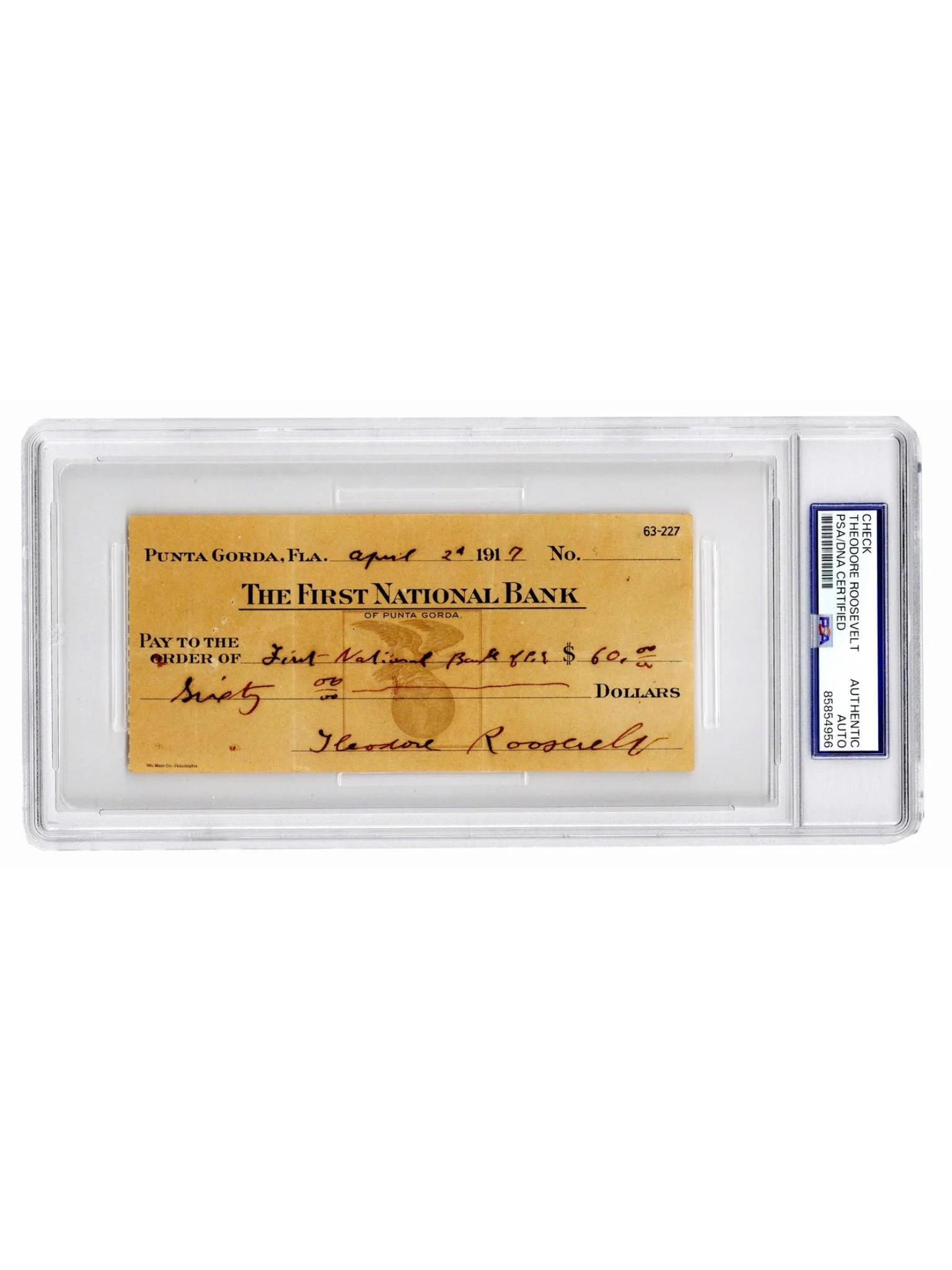 Theodore Roosevelt 1917 Bank Check Signed - From Punta Gorda, Florida - Just Days Before the US Declared War
