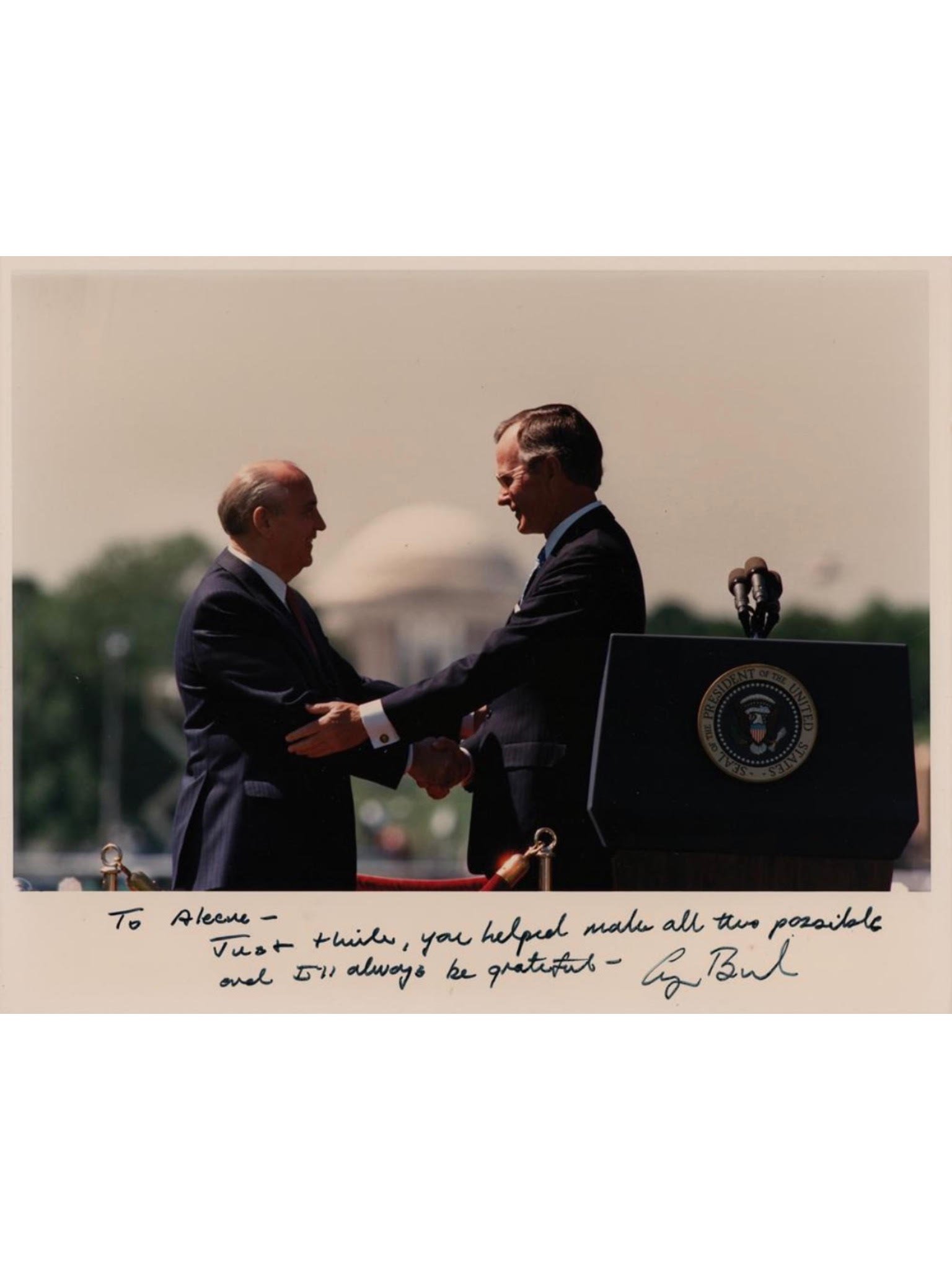 George H.W. Bush 10x8 Photo Signed as President - Shaking Gorbachev's Hand