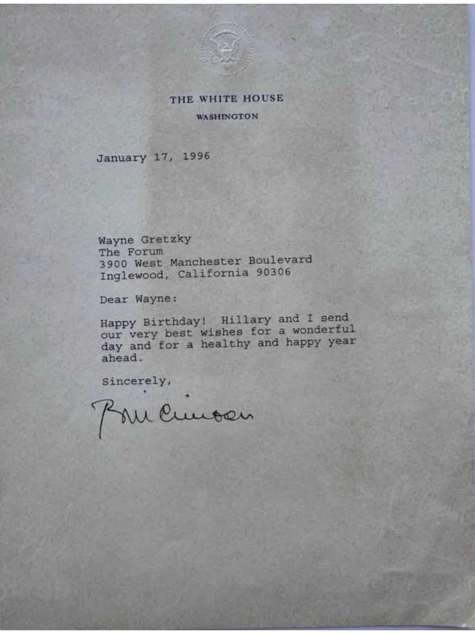 Bill Clinton 1996 Typed Letter Signed as President - To Hockey Legend Wayne Gretzky