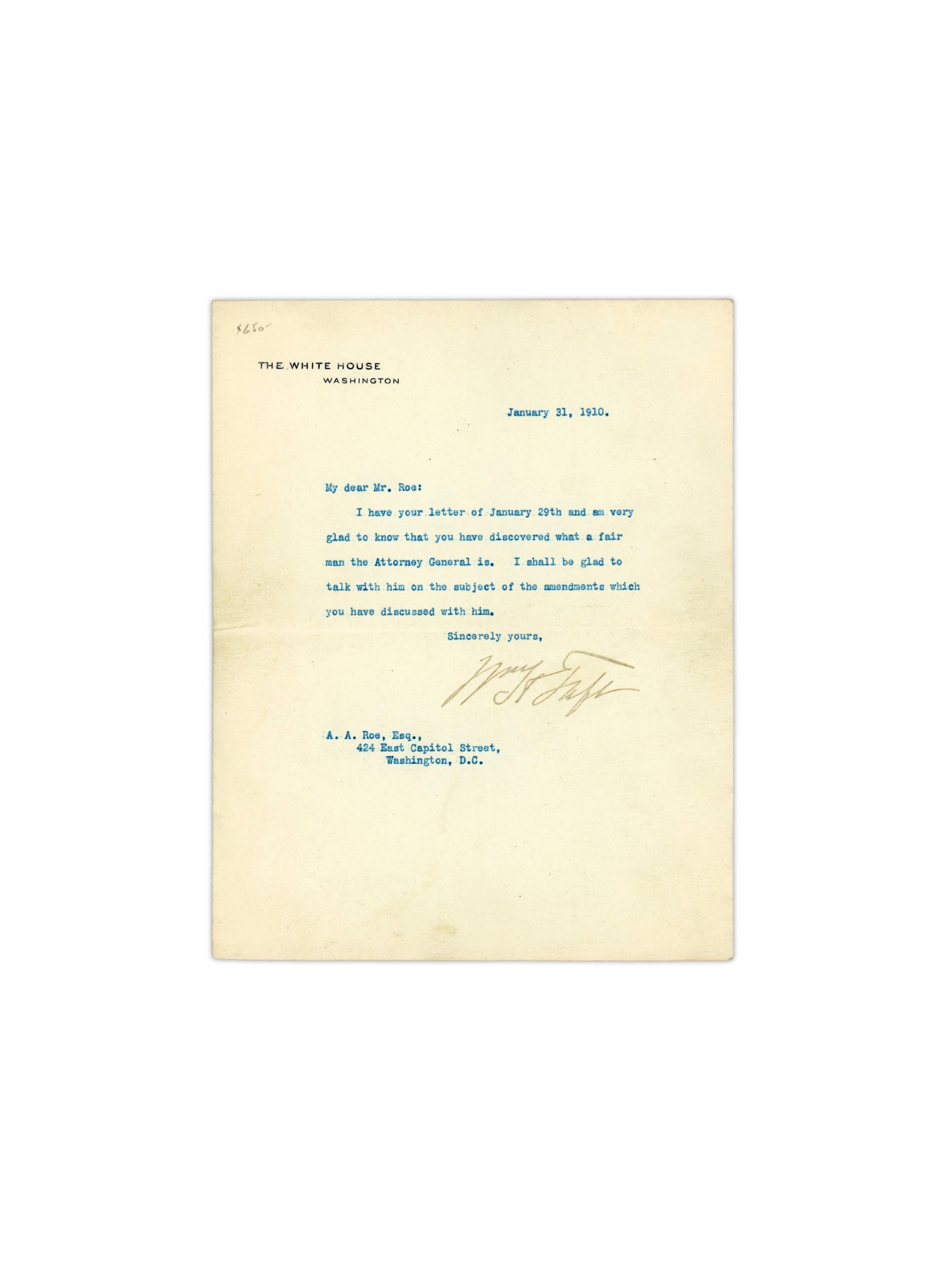 William H. Taft 1910 Typed Letter Signed as President - "What A Fair Man The Attorney General Is"