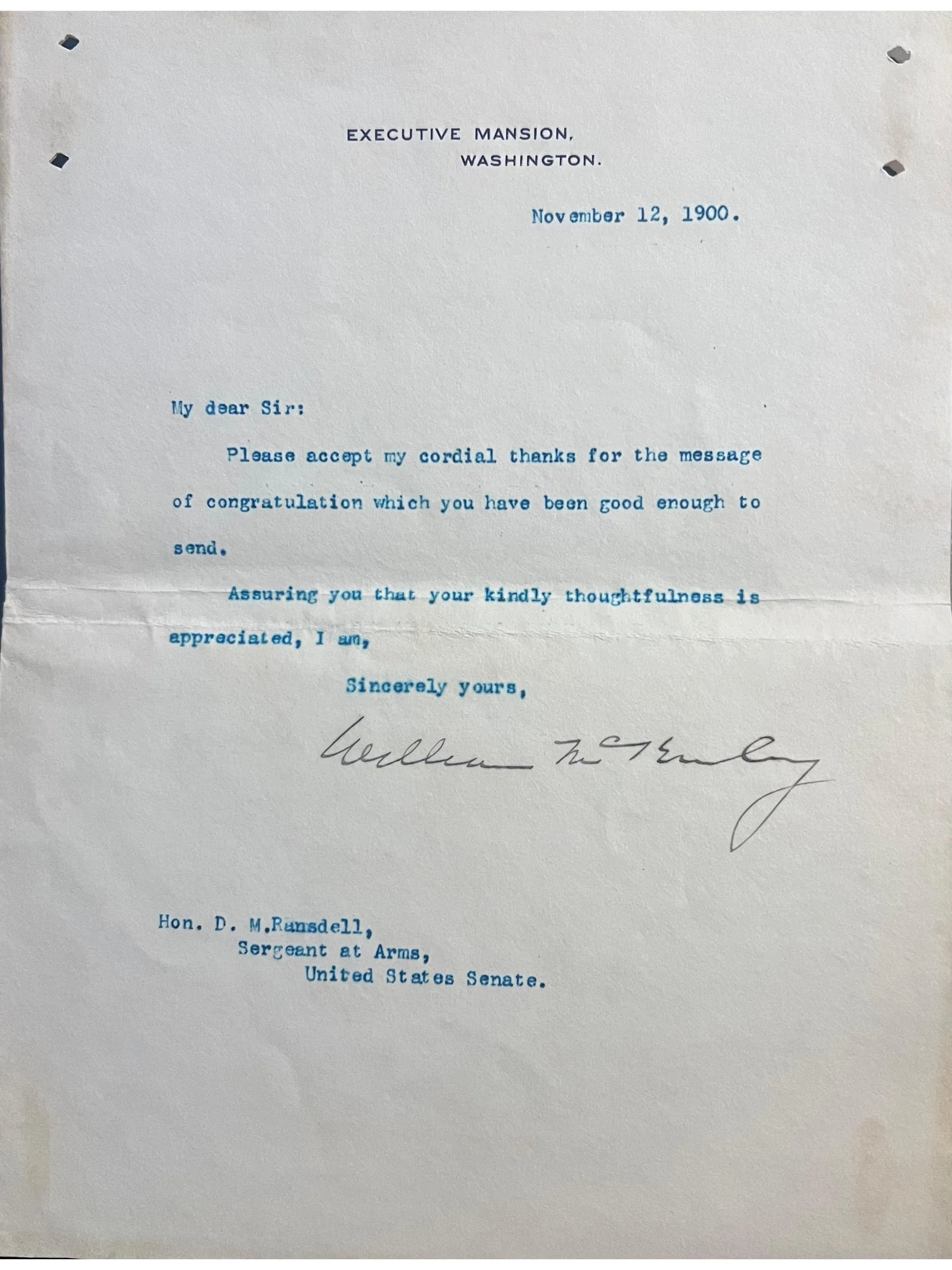 William McKinley 1900 Typed Letter Signed as President - One Week After The 1900 Election