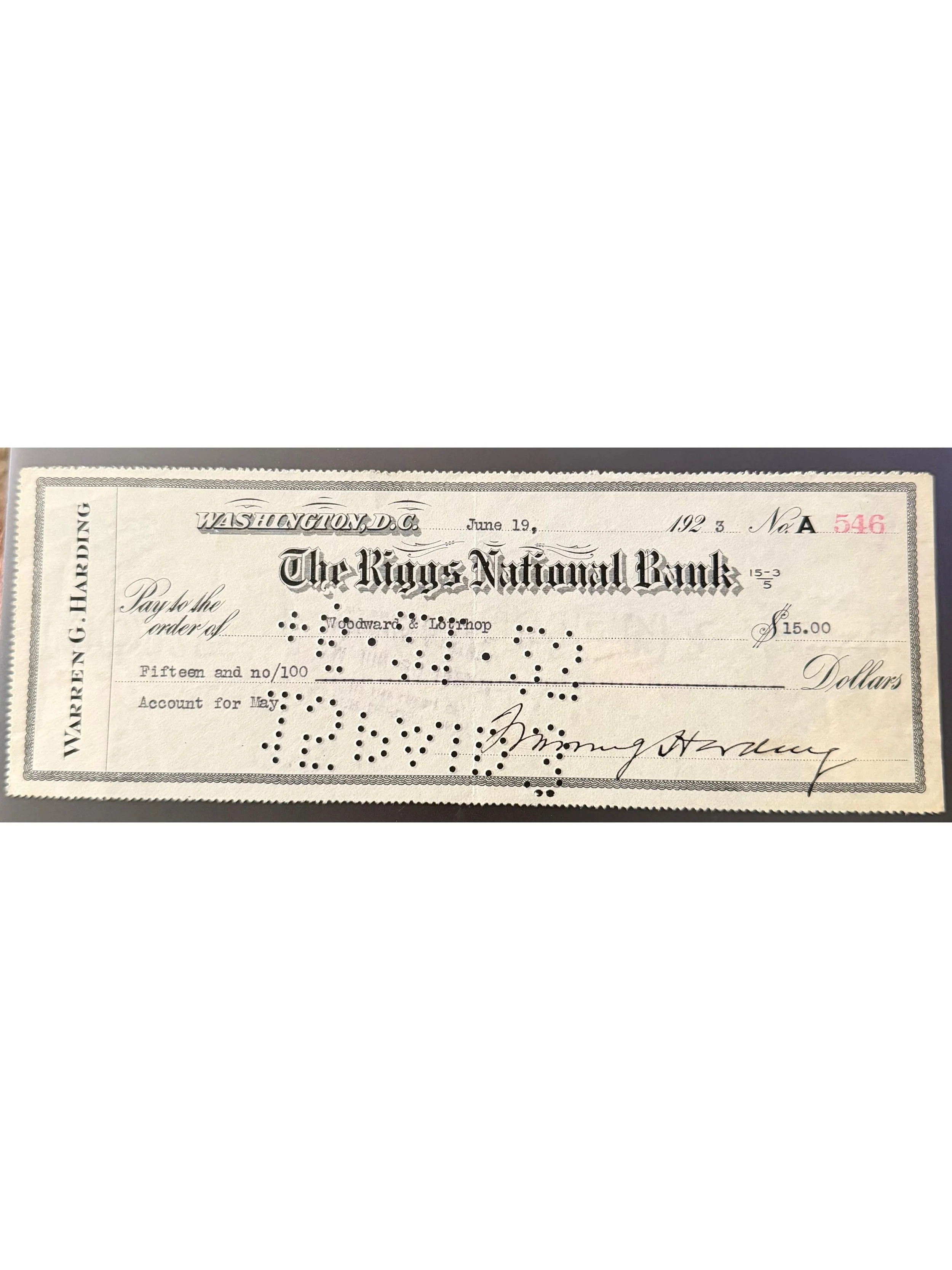 Warren G. Harding 1923 Bank Check Signed as President - One Day Before Leaving For His "Voyage of Understanding"