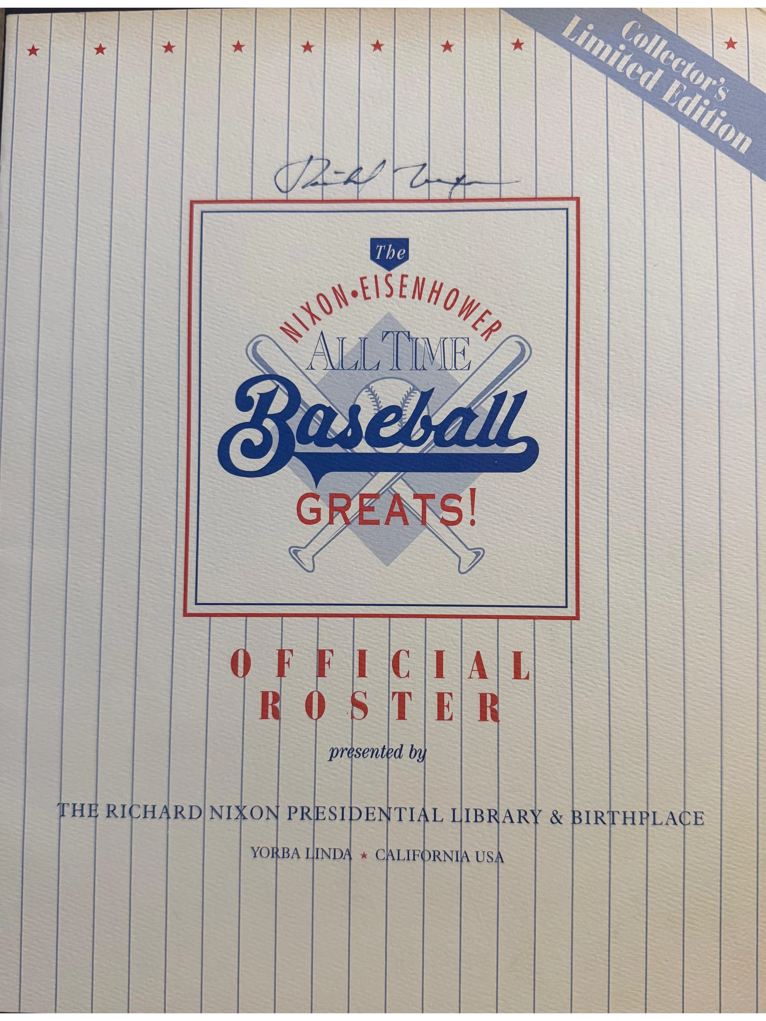 RIchard Nixon Signed Program - "Nixon-Eisenhower All Time Baseball Greats" - 1992 Event At Nixon Library