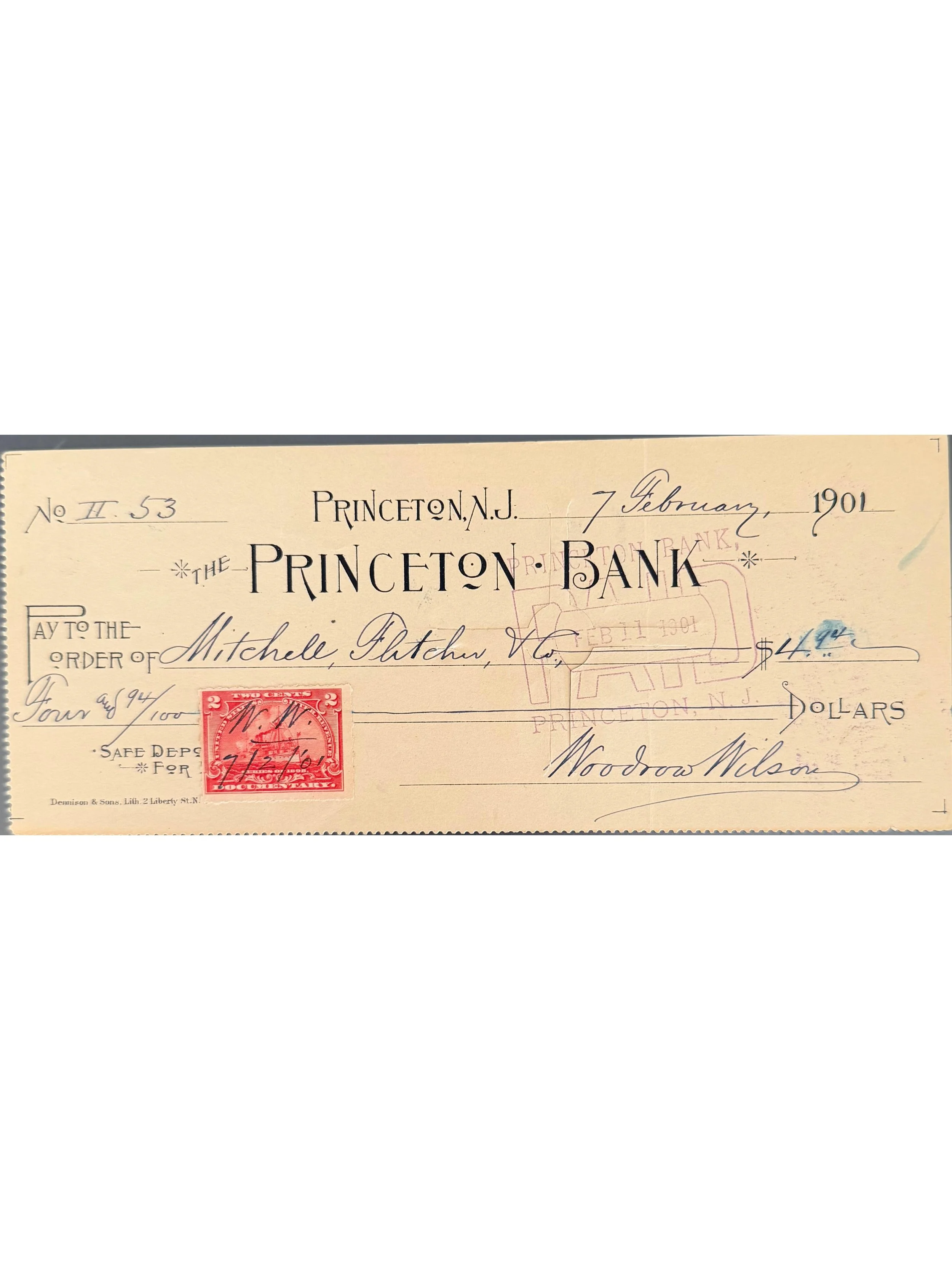 Woodrow Wilson 1901 Bank Check Signed