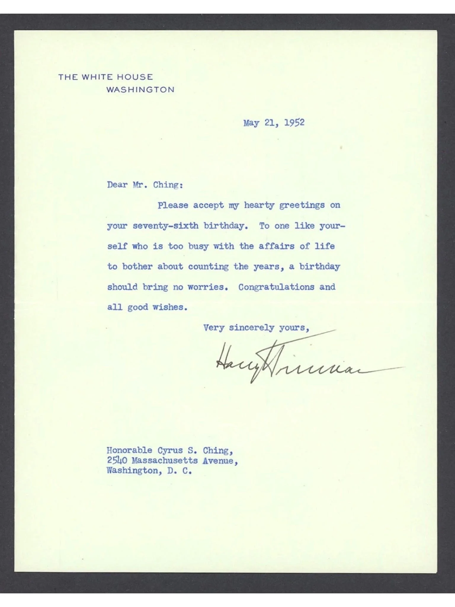 Harry S. Truman 1952 Typed Letter Signed as President - "A Birthday SHould Bring No Worries"