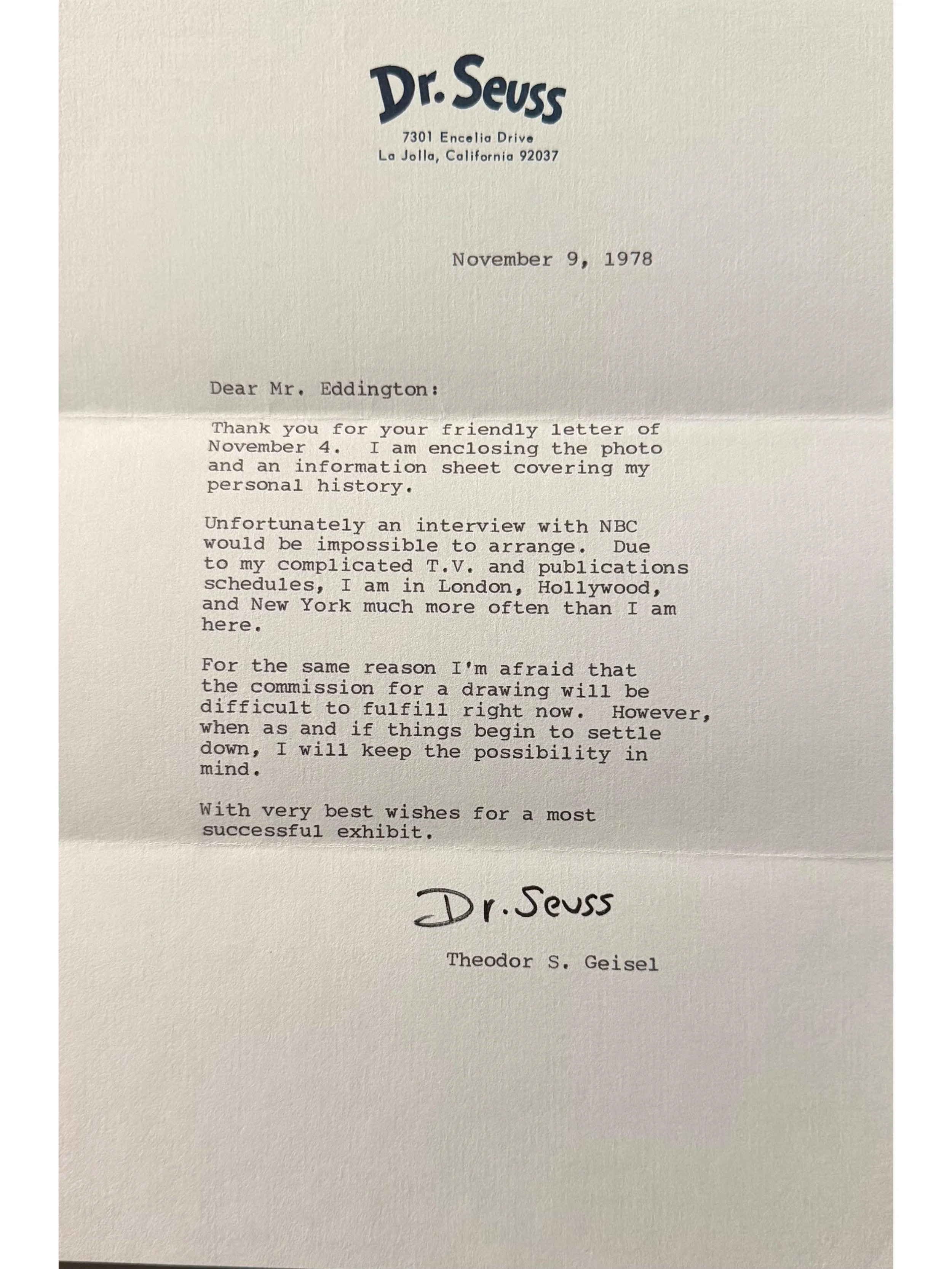 Dr. Seuss 1978 Typed Letter Signed - "Commmission For A Drawing Will Be Diffcult To Fulfill"