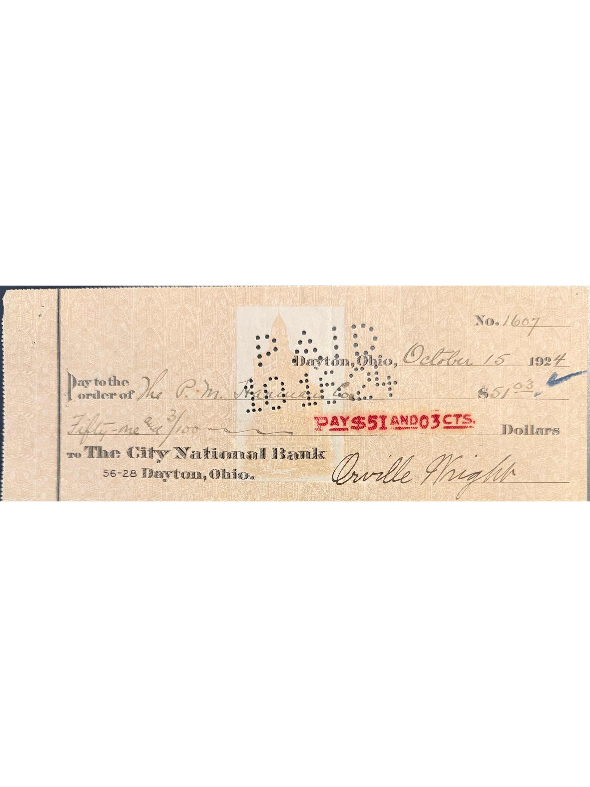 Orville Wright 1924 Bank Check Signed