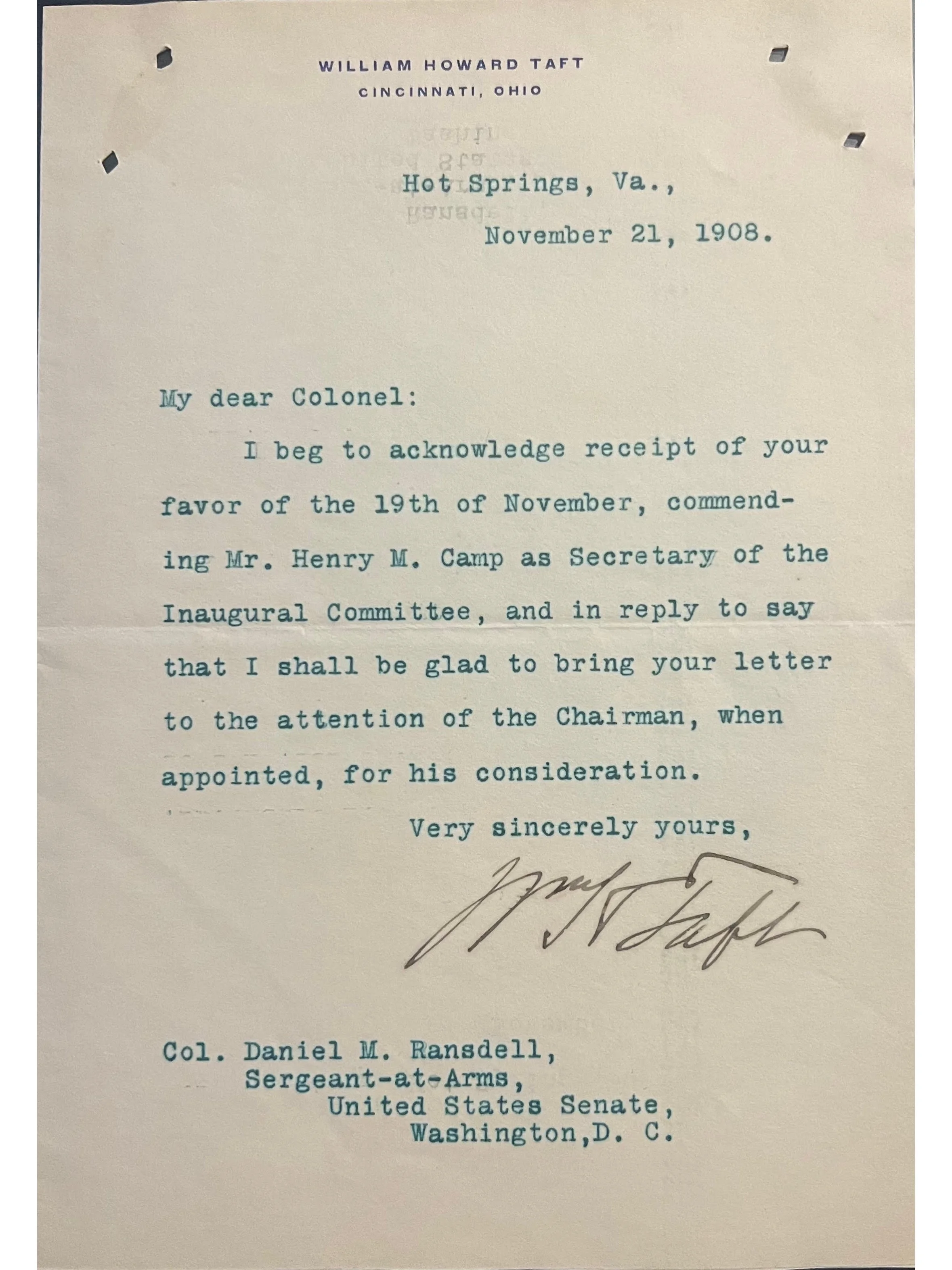 William H. Taft 1908 Typed Letter Signed as President-Elect - Taft Prepares For His Inauguration