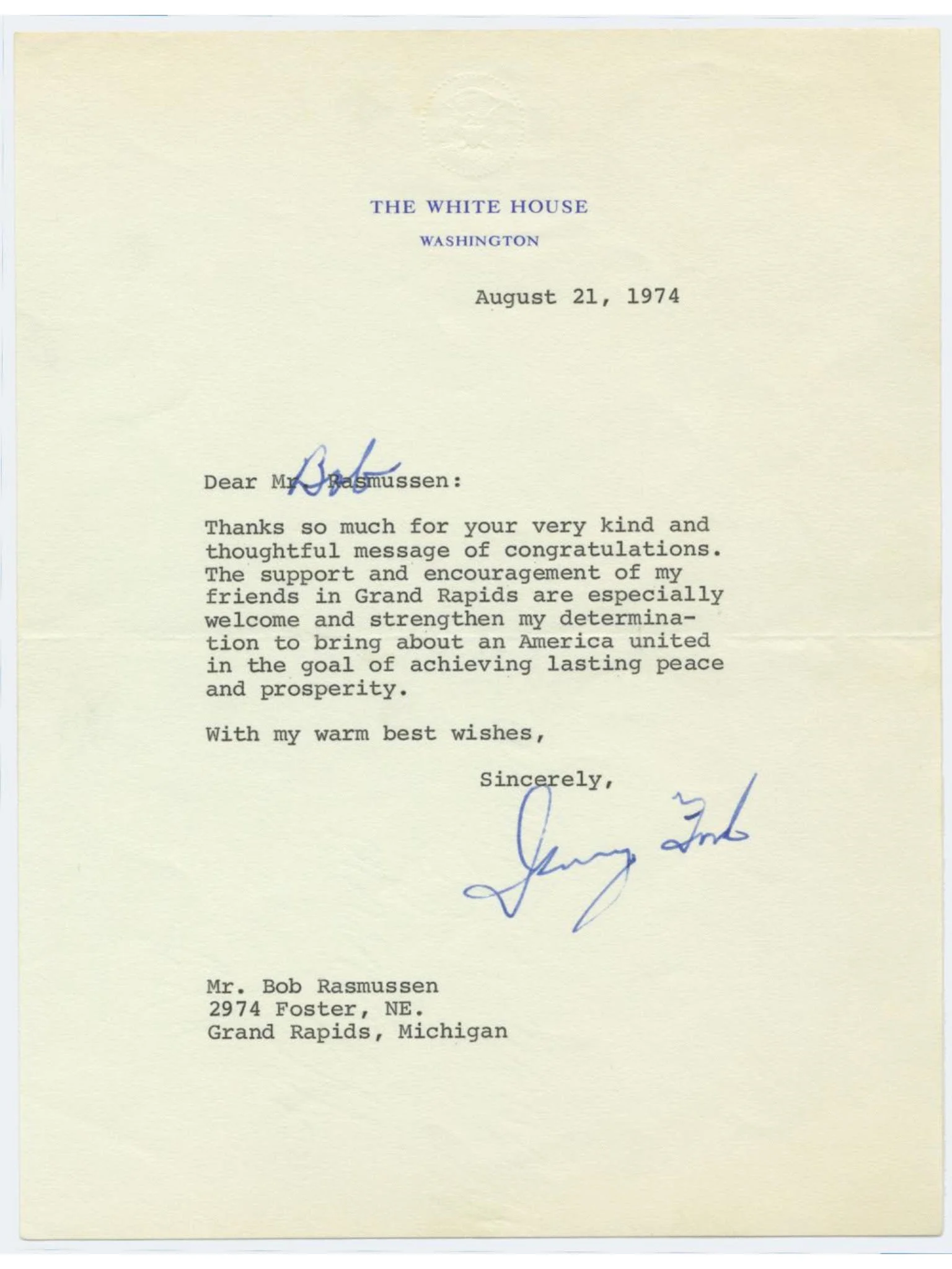 Gerald Ford 1974 Typed Letter Signed as President - "Achieving Lasting Peace and Prosperity"