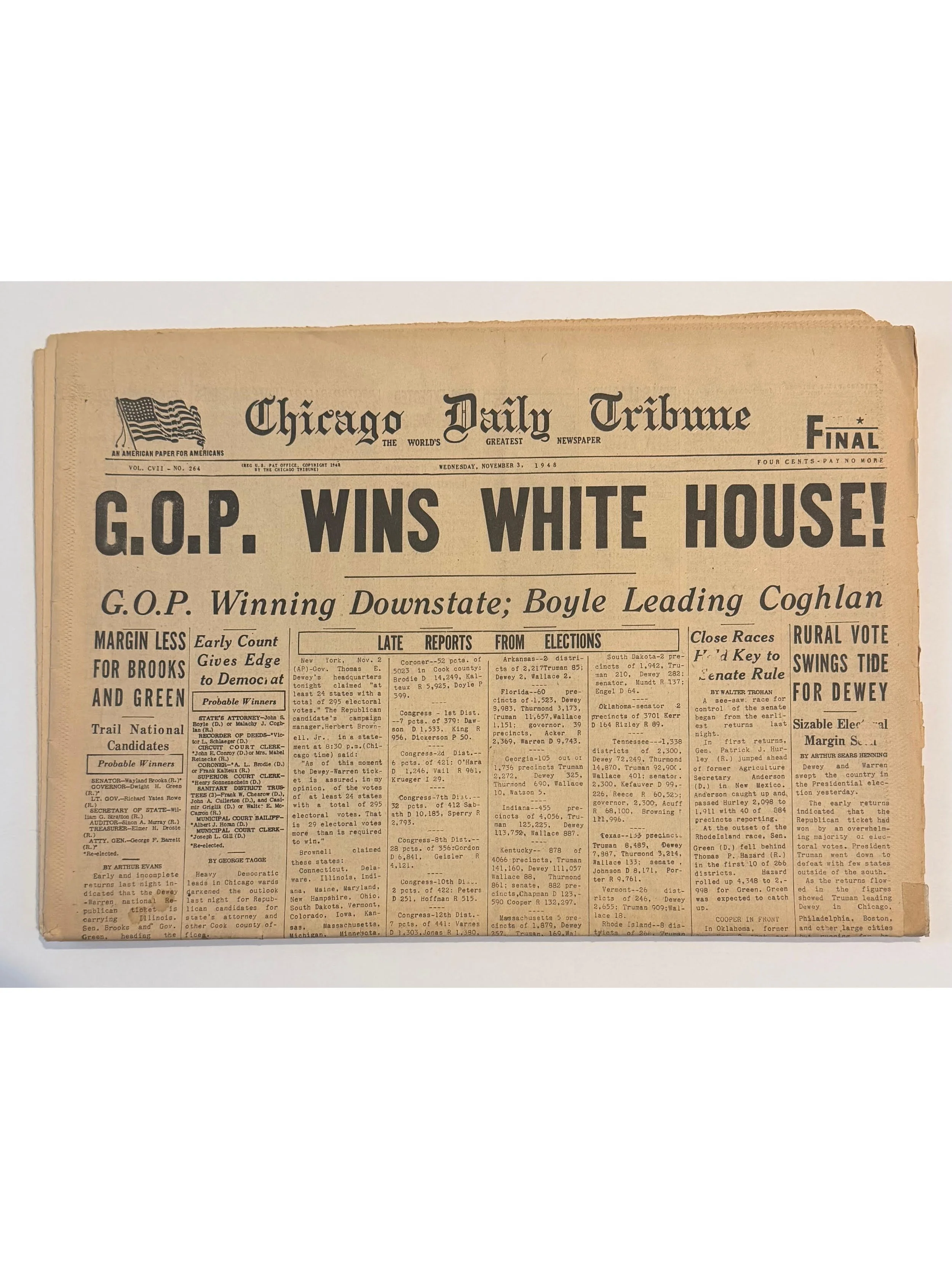 ''G.O.P. Wins White House!'' Newspaper -- The Second Erroneous Newspaper Published by the Chicago Daily Tribune After Their ''Dewey Defeats Truman'' Mishap Earlier in the Day